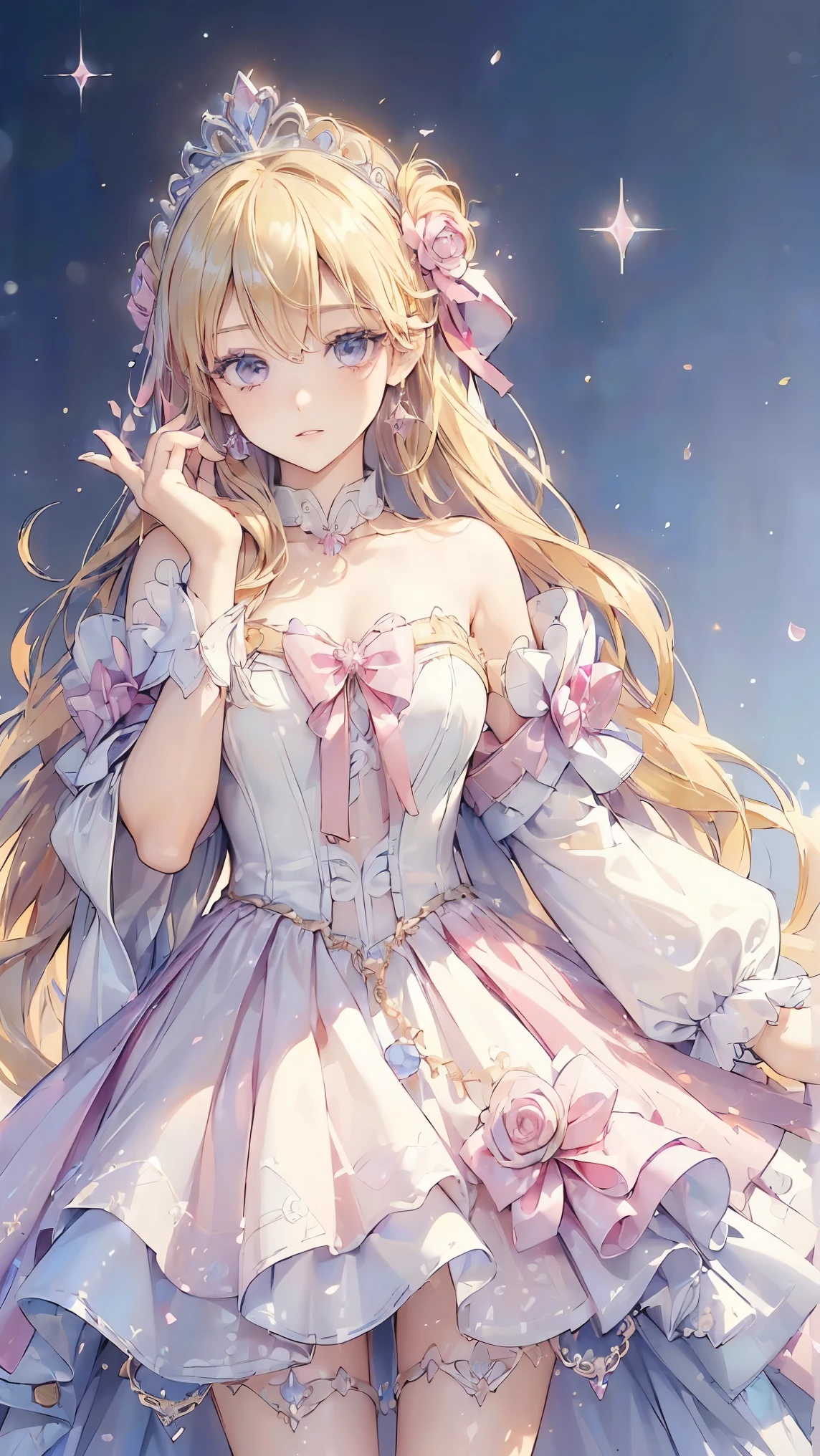 (((highest quality, 8k, masterpiece: 1.3)), ((highest quality)), ((masterpiece)), (detailed), Perfect Face, sexy, Princess, fantasy heroine, tiara, scepter, blonde hair, gradient hair, Hair with a gradation from gold to pink