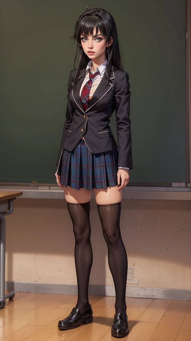 sexy 1girl, tall,leggy,smile,standing in neat rows, in the school gymnasium, wearing NAVY Blazer , long sleeve, WHITE shirt, shiny blue ribbon,pleated tartan_check_mini_skirt, beautiful eyes, shiny black hair,BLACK short socks, full body shot, closeup shot, from front, from below, dutch angle shot, wide view,