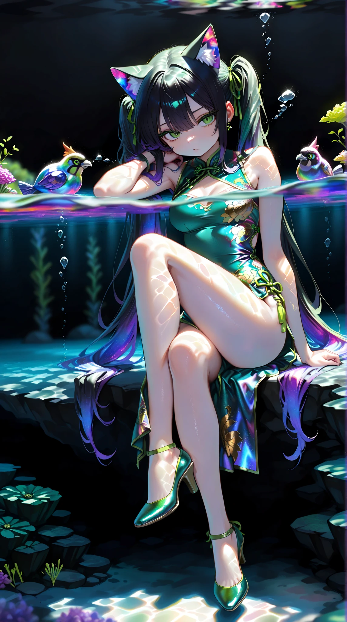 kawaii girl,earrings,front ponytail,purple hair,pink eyes,purple eye shadow,hair flower,((cat ears)),dynamic angle,indifferent gaze,full body,((swim skirt)),(side boob:1.3),shinning clothes,shiny eyes
floating raindrop,moonlight,fog,ocean,coast,starry sky,sakura,cherry blossom,
