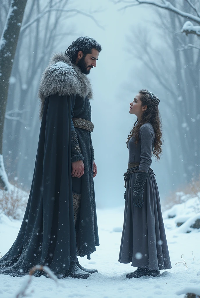 Prompt: Jon Snow Reuniting with Joanna Lannister in a Snowstorm
Description:
Jon Snow: Handsome with black curly hair, grey eyes, and a beard. He wears medieval attire, including a cloak, symbolizing his journey and hardships. His expression is a mix of sadness, relief, and hope as he reunites with Joanna.
Joanna Lannister: Messy blonde short hair, green eyes. She wears a torn oversized cloak, her expression reflecting a mixture of emotions - surprise, joy, and perhaps a hint of sadness at the sight of Jon.
Setting: Amidst a snowstorm, with swirling snowflakes and a backdrop of winter landscape. The scene is desolate yet beautiful, emphasizing the harshness of the environment.
Lighting: Soft, diffused light from the snowstorm, casting a cold yet ethereal glow. The lighting accentuates the emotions on their faces and the torn cloak that Jon wears.
Specific Elements:
Emotions: A mix of sadness, relief, and hope as they reunite after a long separation. Their facial expressions should convey the depth of their emotions.
Clothing: Jon wears a torn cloak, symbolizing his journey and struggles. Joanna's attire should reflect her noble status, perhaps adorned with subtle Lannister insignia.
Interaction: They embrace or stand close together, their body language conveying the intensity of their emotions and the relief of being reunited.
Detailed Background:
The snowstorm creates a dramatic backdrop, with swirling snowflakes and a sense of isolation.
The landscape could include distant trees or a hint of a medieval castle in the background, further emphasizing the medieval setting.