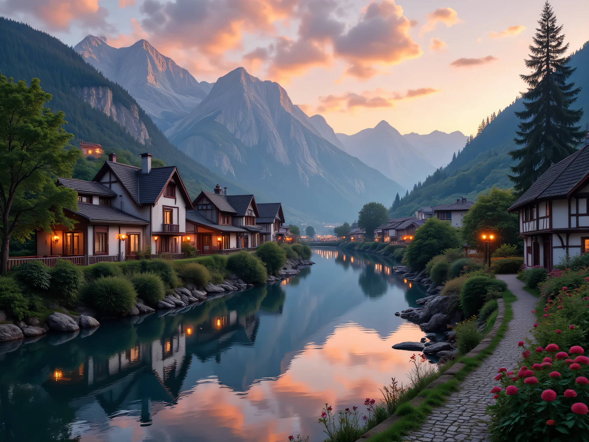 a small village by the river, mountains in the background, floral flowers colorful, detailed landscape, Beautiful natural landscapes, atmospheric lighting, scorching sunset, warm colours, practical, photopractical, Detailed Foliage, complex buildings, cobblestone street, Charming country house, swirly vibrant colors, lush vegetation, Still water reflections, Picturesque, idyllic, work of art, best qualityer, 8k, extremely detaild,anime styling
