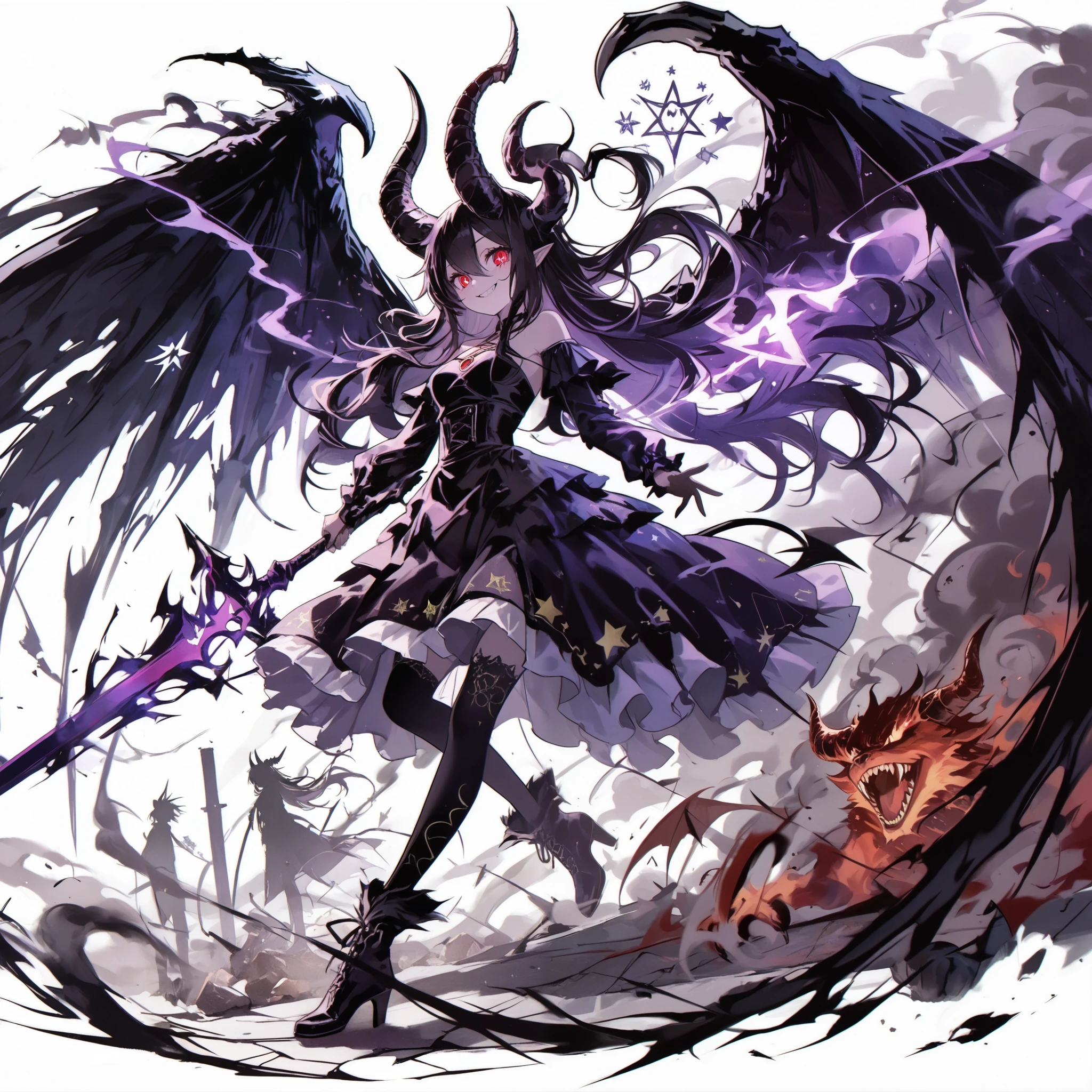 Masterpiece, best quality, ultra-detailed, anime style, full body of Chaos Demon girl, like smoke and shadow given form, giant horn and giant wing, shadow sword and shadow claw, supernatural Lightning and flame, ((Eight-pointed star symbol)), 8k high resolution, trending art station, white background, whole body, winning smile
