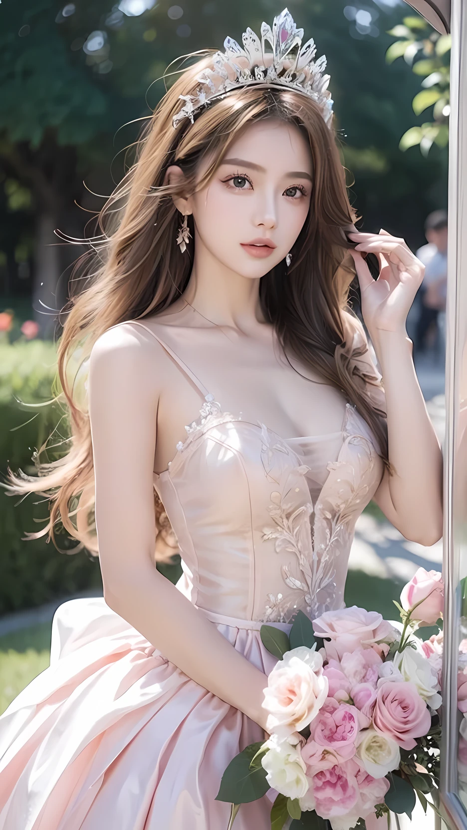 (((highest quality, 8k, masterpiece: 1.3)), ((highest quality)), ((masterpiece)), (detailed), Perfect Face, sexy, Princess, fantasy heroine, tiara, scepter, blonde hair, gradient hair, Hair with a gradation from gold to pink, sparkle, reflection light, Surrounded by colorful flowers