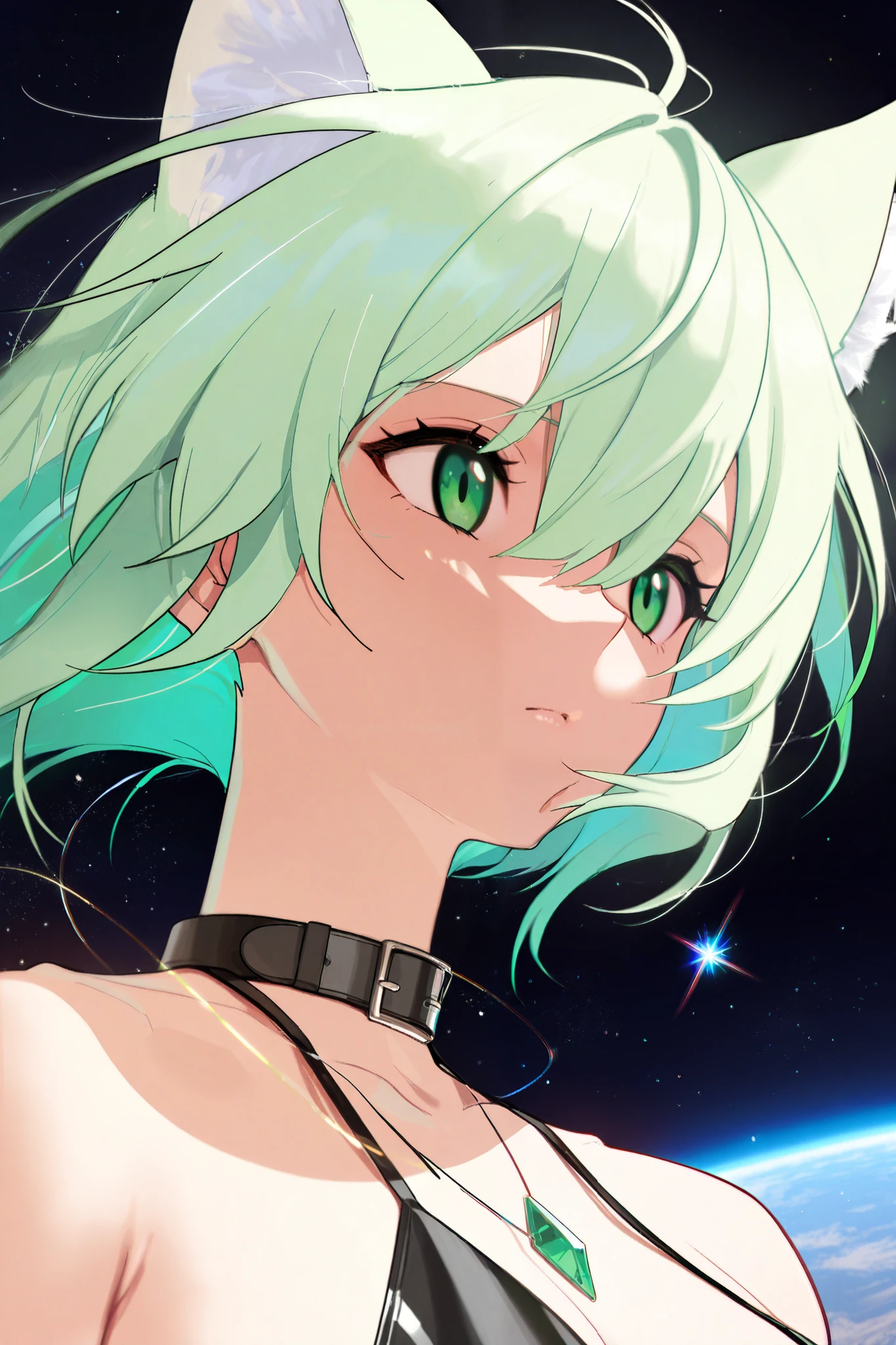  high definition ,  Very Detailed ,  Best Quality ,precise,  masterpiece, Solo,1 woman,Light green hair , Shoulder-Length Twinkle,Green Cat Ear , Jewel Green Eyes ,Black collar,Floating in Space , half image,, is anatomically correct., anime images 