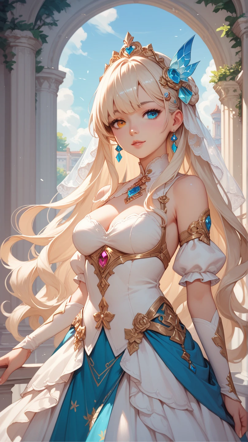 ((extremely detailed CG unity 8k wallpaper)), masterpiece, ultra-detailed, floating, high resolution, sexually suggestive, (petite, absurdly long blonde hair, princess, blue eyes, ("ornate long white and blue see through layered gown with detached sleeves and holy embroidery"), bridal veil, circlet, bridal gauntlets, bridal garters, corset, blushing, bare shoulders, no underwear)