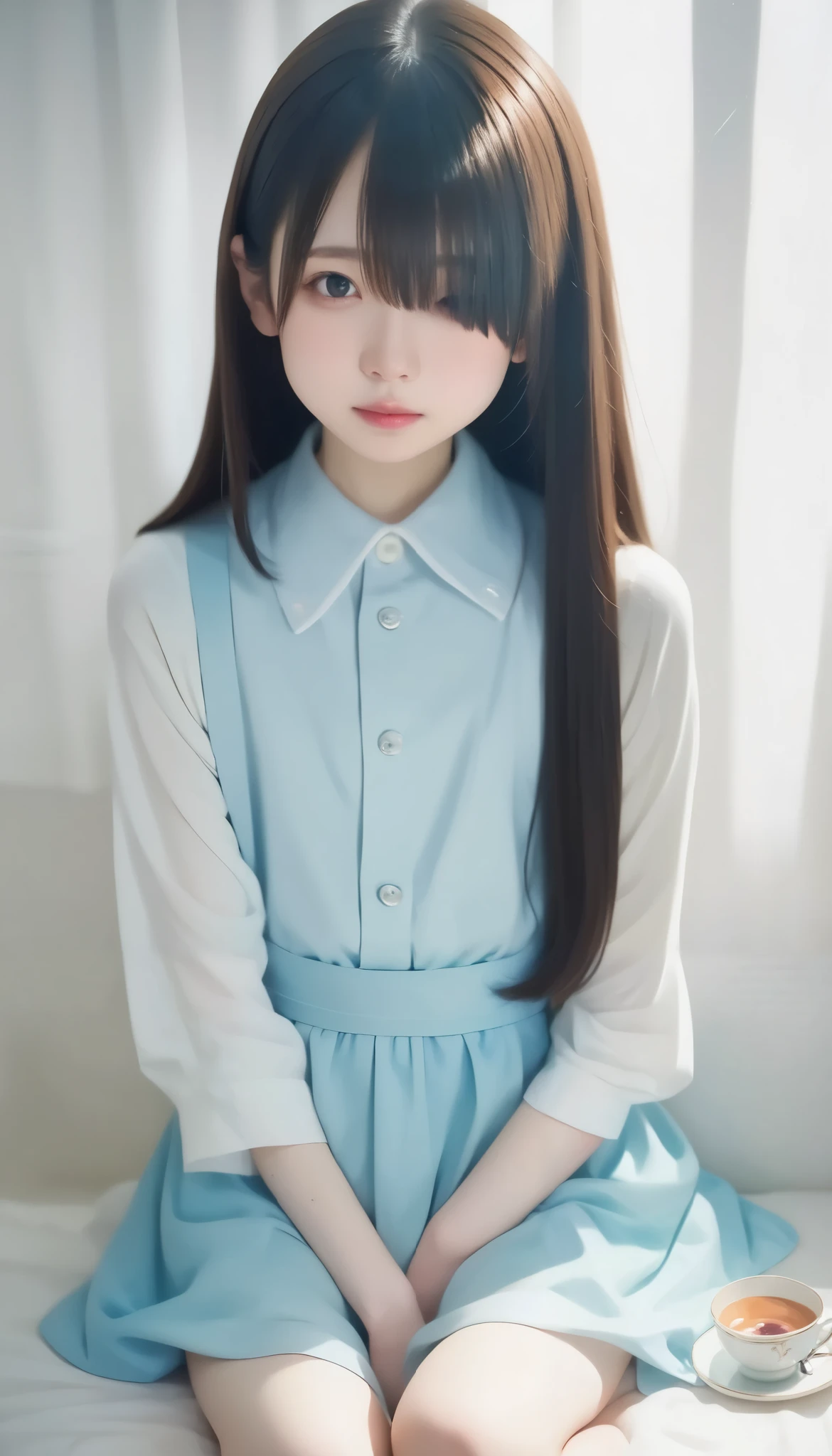very realistic pictures, RAW photos , super realistic , film grain, One Girl , Alone, young girl, Emotionless, Viewers' viewing , up per body , ( long hair, tea hair , Short Bob , hair covering one eye , bangs:1.3), thin body, small breasts, Thin Waist , They're staring at me in a cute way, ( Cute Costumes:1.3), is sitting,