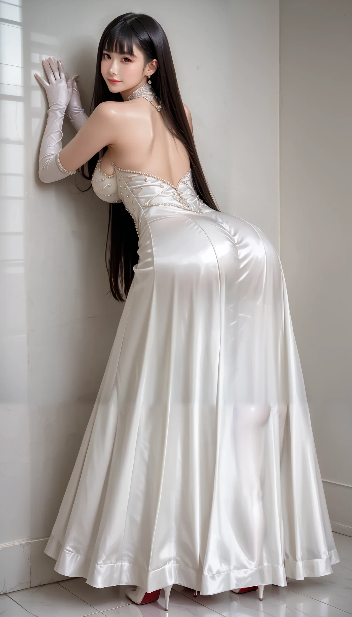  high resolution , 32K, masterpiece ,  best quality , Detailed Beautiful Face and Eyes  ,  One Beautiful Japanese Woman  , Big Breasts, black hair, bangs, long hair, bewitching smile,pure white silk satin long dress ,( pure white silk satin long skirt:1.5), body conscious with pearls,Silk satin opera gloves ,Silk satin has a strong luster ,( showing your back with your hands on the wall while leaning forward :1.5),( point your buttocks towards you:1.5), with both legs wide open, high heels,Big Breasts , ( focus on full body :1.5), frontを見る,front