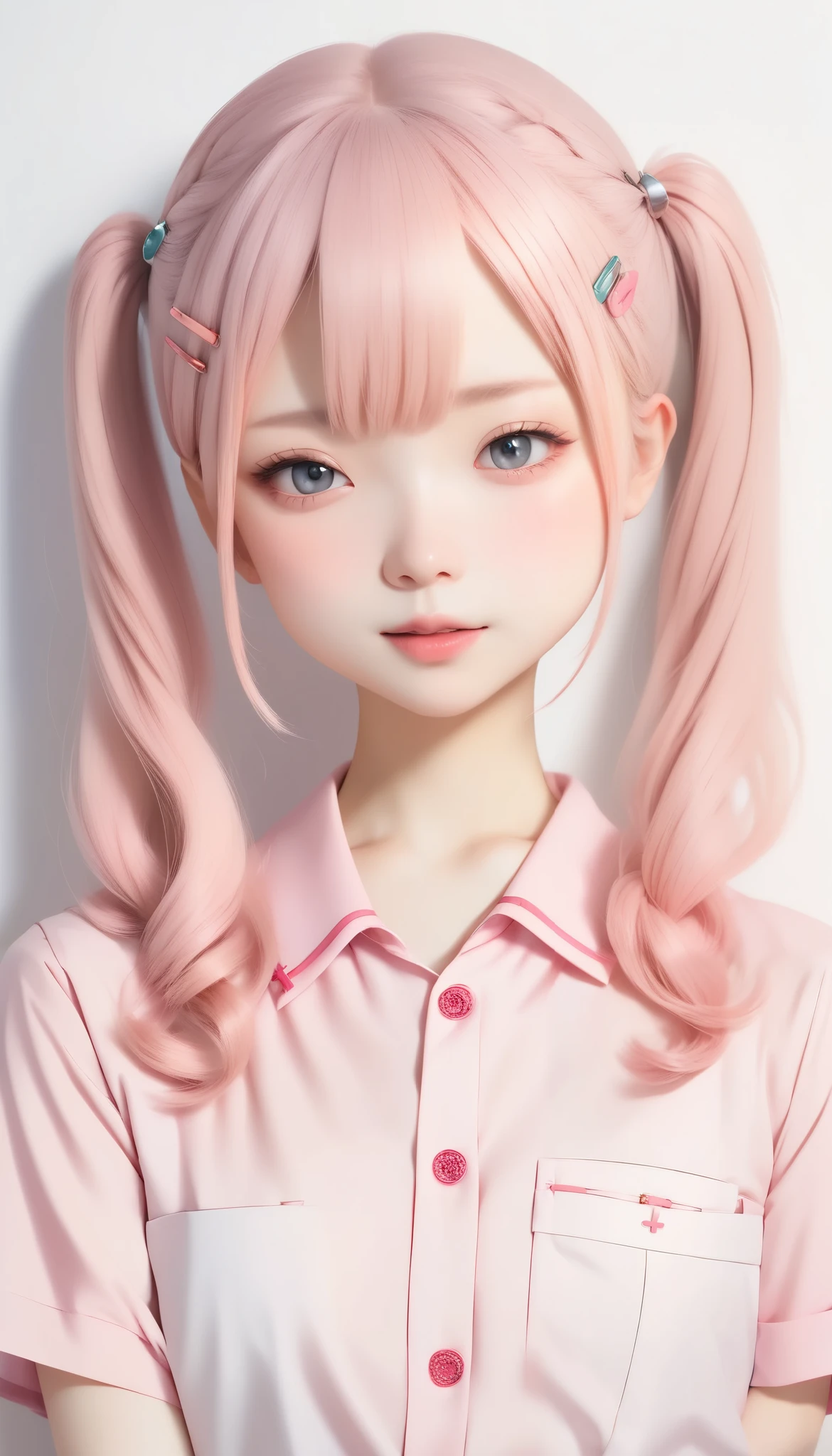 beautician 、 nurse uniform、 Please redeem 、Masterpiece、 One Girl、2、 white skin、 expressionless 、 raise the corner of the mouth、 pink hair with a scar 。 twin tails、 hair clips、大きな hair clips、Cute hair clipss、 gray eyes、 Small red cheeks and nose、Good bust size 、 small breasts、 Gao Pose 、