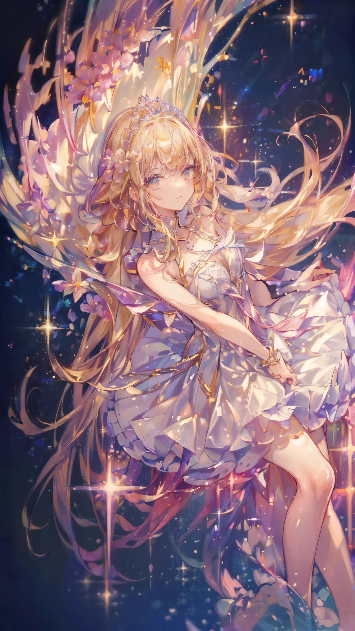 (((highest quality, 8k, masterpiece: 1.3)), ((highest quality)), ((masterpiece)), (detailed), Perfect Face, sexy, Princess, fantasy heroine, tiara, scepter, blonde hair, gradient hair, Hair with a gradation from gold to pink, sparkle, reflection light, Surrounded by colorful flowers
