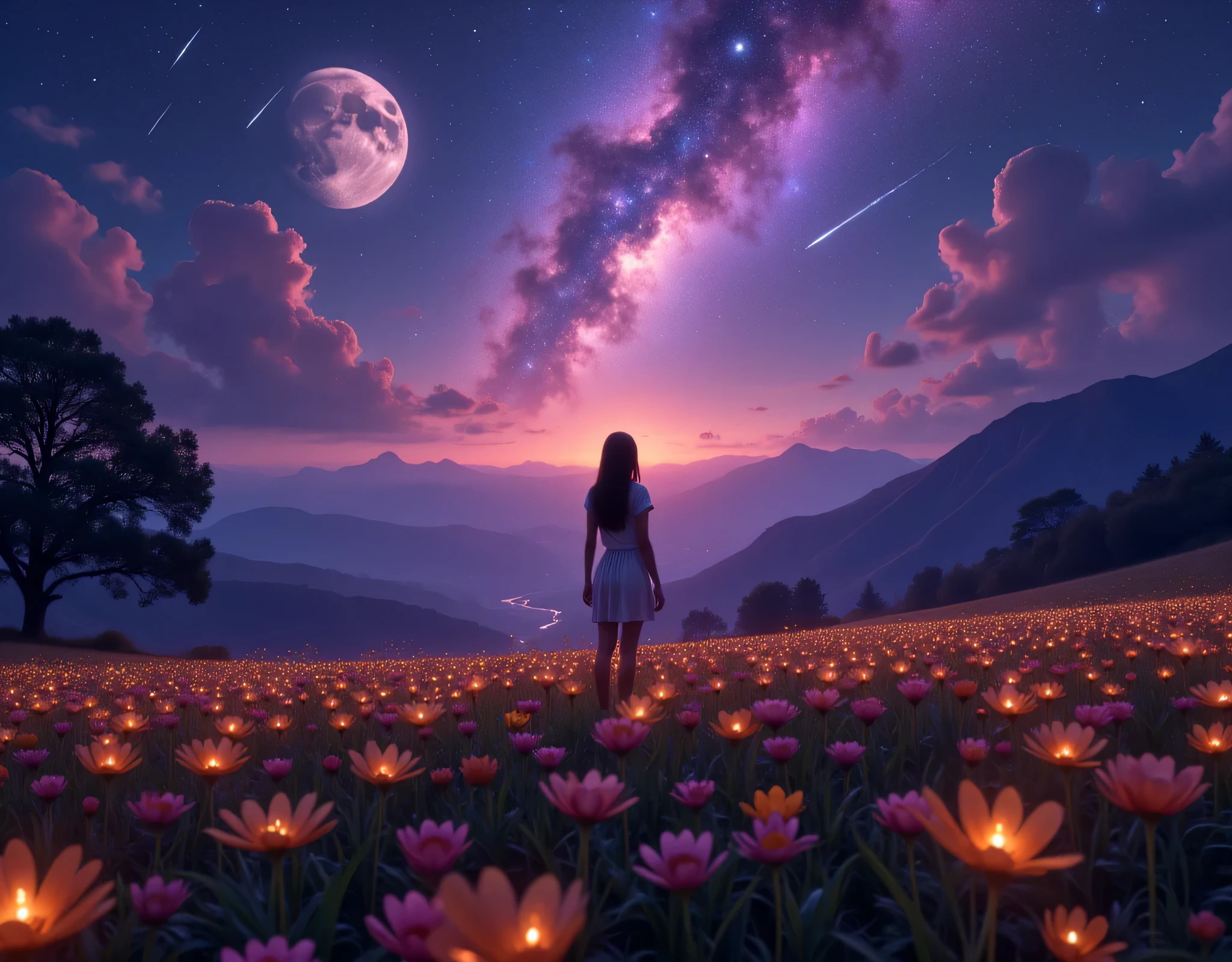 expansive landscape photograph , (a view from below that shows sky above and open field below), a girl standing on flower field looking up, (full moon:1.2), ( shooting stars:0.9), (nebula:1.3), distant mountain, tree BREAK production art, (warm light source:1.2), (Firefly:1.2), lamp, lot of purple and orange, intricate details, volumetric lighting BREAK (masterpiece:1.2), (best quality), 4k, ultra-detailed, (dynamic composition:1.4), highly detailed, colorful details,( iridescent colors:1.2), (glowing lighting, atmospheric lighting), dreamy, magical, (solo:1.2)

