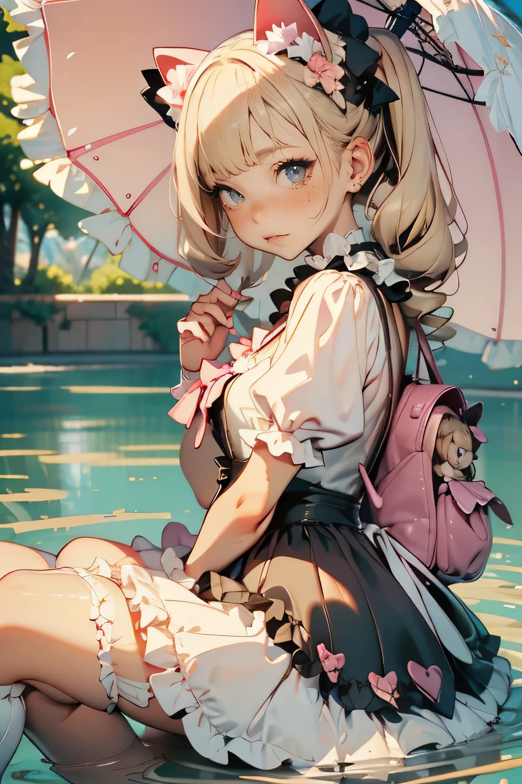  Great Details , 8k photos,  Hyperrealism,  professional light with an umbrella in both hands,  realistic background, Visual depth, Background blur,  wide-angle lens,  full body, (,  is cute , ,  flat chest, Cat ears),  1 girl sitting underwater,  girl with loli face , Blonde, (Lolita  fashion: 1.5), (race,  frill shirt  ,   white petticoat  ,  sneakers), ( plush), pink  is cute  backpack, street,  fashion,I held an umbrella in both hands, 