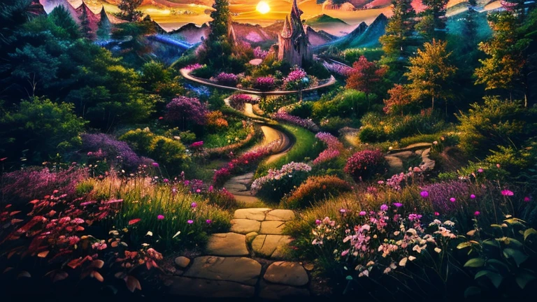 Ultra realistic, photorealism, photograph, 8K UHD, amazing quality, CGI quality, vivid colors, crystal clear, photograph of a stunning forest that is filled with mystical power and magic, it's sunset and the suns light is fading as the sun hides behind the trees and mountains, lights dance and the beautiful vivid plants and flowers seem to be alive with their vibrant pink and reds and blue and greens colors mixing and blowing in the wind, fairies and pixies playing as they fly across the forest, a magical place with a magical city floating in the sky with a gorgeous crystal castle can be seen in the skies above the forest