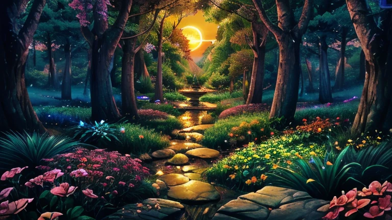 Ultra realistic, photorealism, photograph, 8K UHD, amazing quality, CGI quality, vivid colors, crystal clear, photograph of a stunning forest that is filled with mystical power and magic, it's sunset and the suns light is fading as the sun hides behind the trees and mountains, lights dance and the beautiful vivid plants and flowers seem to be alive with their vibrant pink and reds and blue and greens colors mixing and blowing in the wind, fairies and pixies playing as they fly across the forest, a magical place with a magical city floating in the sky with a gorgeous crystal castle can be seen in the skies above the forest