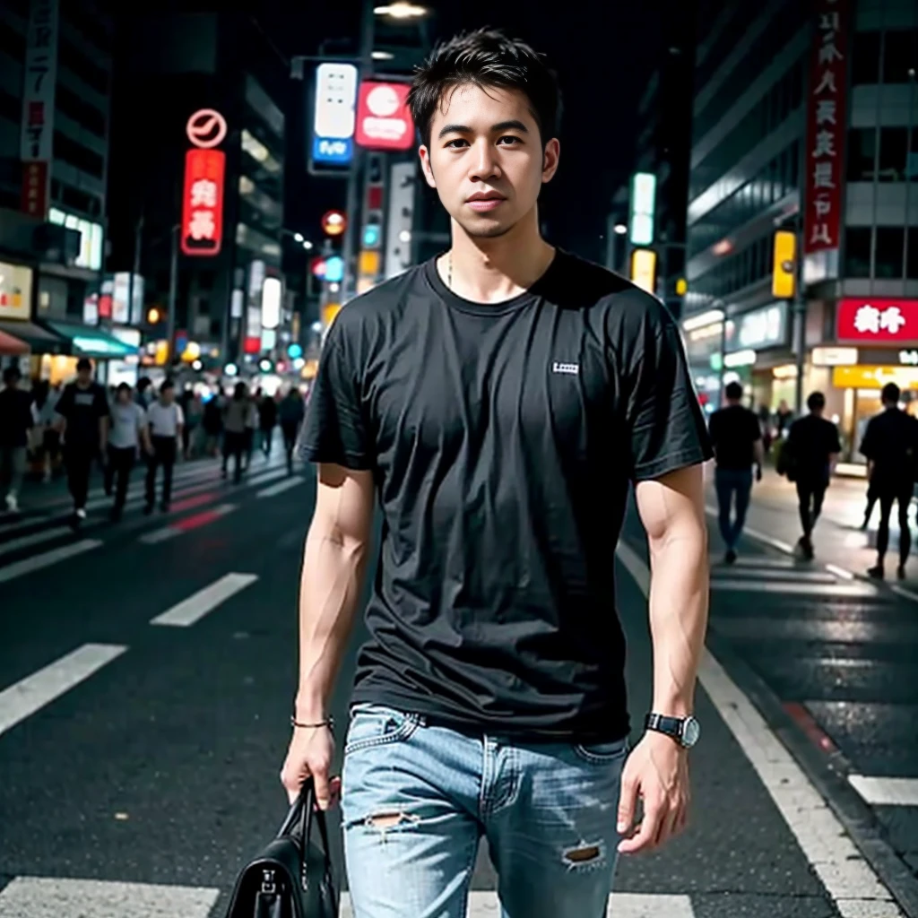 ((masterpiece)), ((best quality:1.2)), High Resolution, 8k, (ultra_realistic:1.3), (photorealistic:1.4), ((handsome man)), instagram model, wearing white tank top with glowing lining, neon city lights, sharp focus, Shibuya crossing, Tokyo, cars, soft lighting, looking at viewer, (smirk)