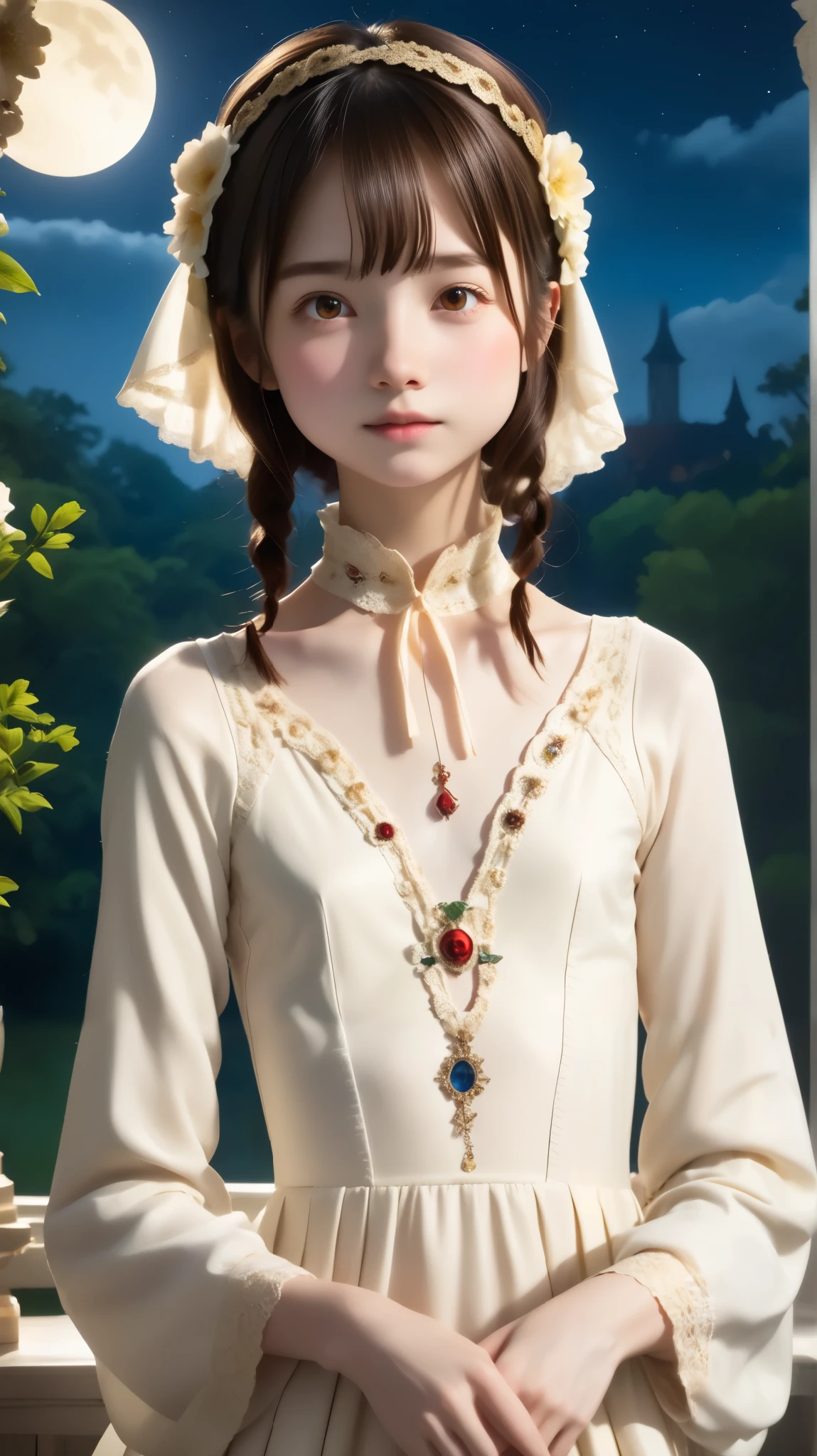 score_9, score_8_ up , score_7_ up ,rating_safe,20 years old,8k,4K,16k, More Details , beautiful, beautiful, Masterpiece, Top Quality , atmosphere, mystery, Romanticism, creepy , literature, art, fashion, Victorian , Decoration, complicated , Ironwork, meditation, Depth of emotion , S upernatural , 1 girl, white skin,delicate, very skinny,bangs, moderate breasts at night, brown eyes, skinny , slender , short,thin body,young, かわいいyoung女の子 ,Narrow shoulders, is present, Japanese