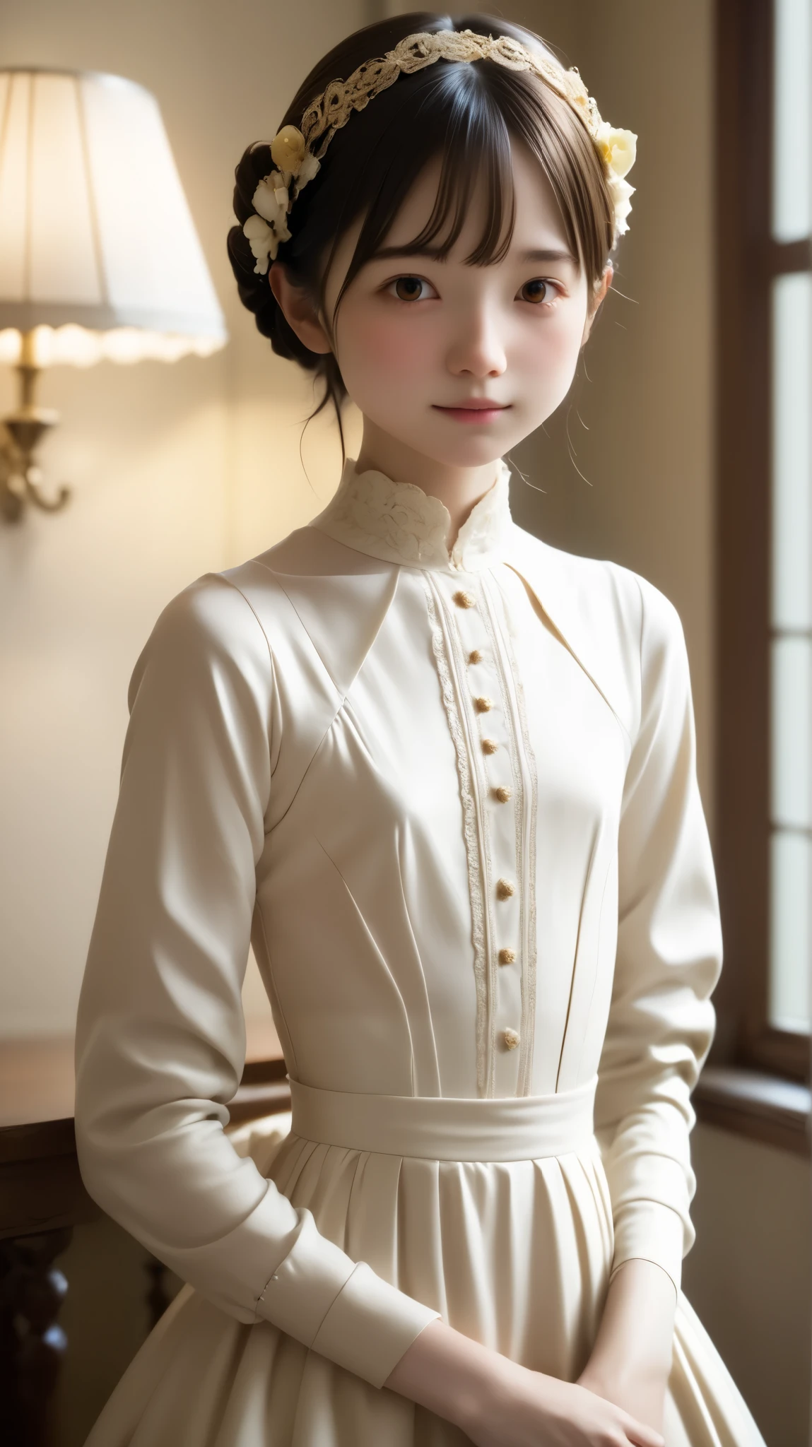 score_9, score_8_ up , score_7_ up ,rating_safe,20 years old,8k,4K,16k, More Details , beautiful, beautiful, Masterpiece, Top Quality , atmosphere, mystery, Romanticism, creepy , literature, art, fashion, Victorian , Decoration, complicated , Ironwork, meditation, Depth of emotion , S upernatural , 1 girl, white skin,delicate, very skinny,bangs, moderate breasts at night, brown eyes, skinny , slender , short,thin body,young, かわいいyoung女の子 ,Narrow shoulders, is present, Japanese
