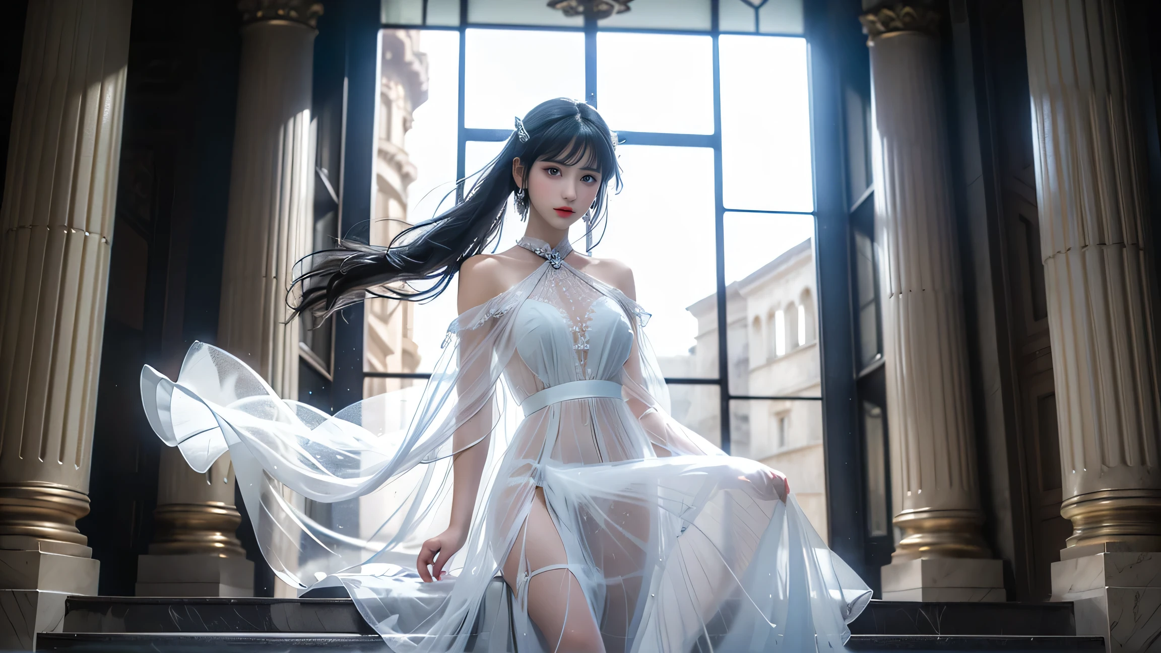 ((Girl standing in front of the wall of an old castle))、Fluorescent color、1 girl、Looking to the side、Beautiful face、Beautiful eyes、（Off the shoulder：1.2）、Upper Body、Shiny Hair、Glowing Skin、 Reduce glare、The proportions of the fingers have been adjusted、Escrow、ass pov、Dynamic Angle、(((Master part)))、(((highest quality)))、(((Super-detailed))) detailed）、（An illustration）、（Detailed light）、（Very delicate and beautiful）、Dramatic_Shadow、Ray_Tracking、reflection、 Ultra-high resolution、((A girl with colorful hair and mesh in her black hair))、 Her hair flutters in the wind、(Large deep blue eyes)、Black Haired Woman、 Sparkling Butterfly、Black-haired woman、Points of light around the woman、Magical Aura、Green dot、Aura About Natural、超Magical AuraBlack-haired woman,((Semi-transparent white open shoulder dress:1.3))、(No sleeve)、((My skirt is flying up in the wind)),((An old European castle is hazy in the distance)),((White panties are visible)),