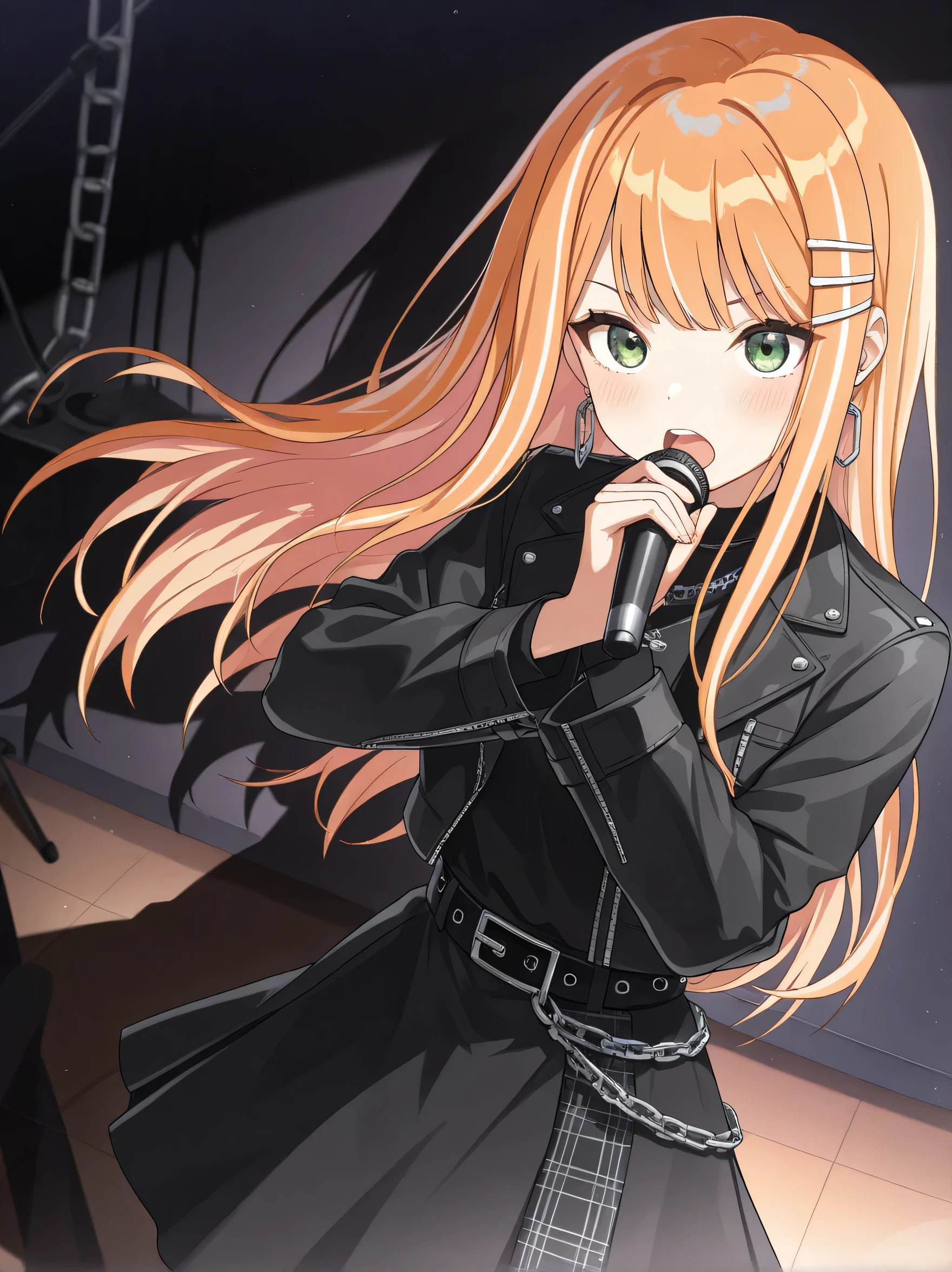 (masterpiece),(best quality),(ultra-detailed),(best illustration),(best shadow),(absurdres),(detailed background),(very aesthetic),1girl, shiun sumika, solo, long hair,blush, open mouth, long sleeves, hair ornament, dress, jewelry, earrings, hairclip, belt, black skirt, black jacket, black shirt, chain, music, holding microphone, singing