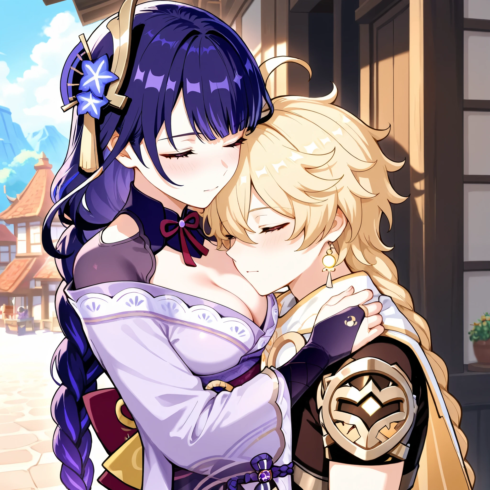 love couple, Genshin Impact, Raiden Shogun and Aether, hugging each other, masterpiece, best quality, town in background