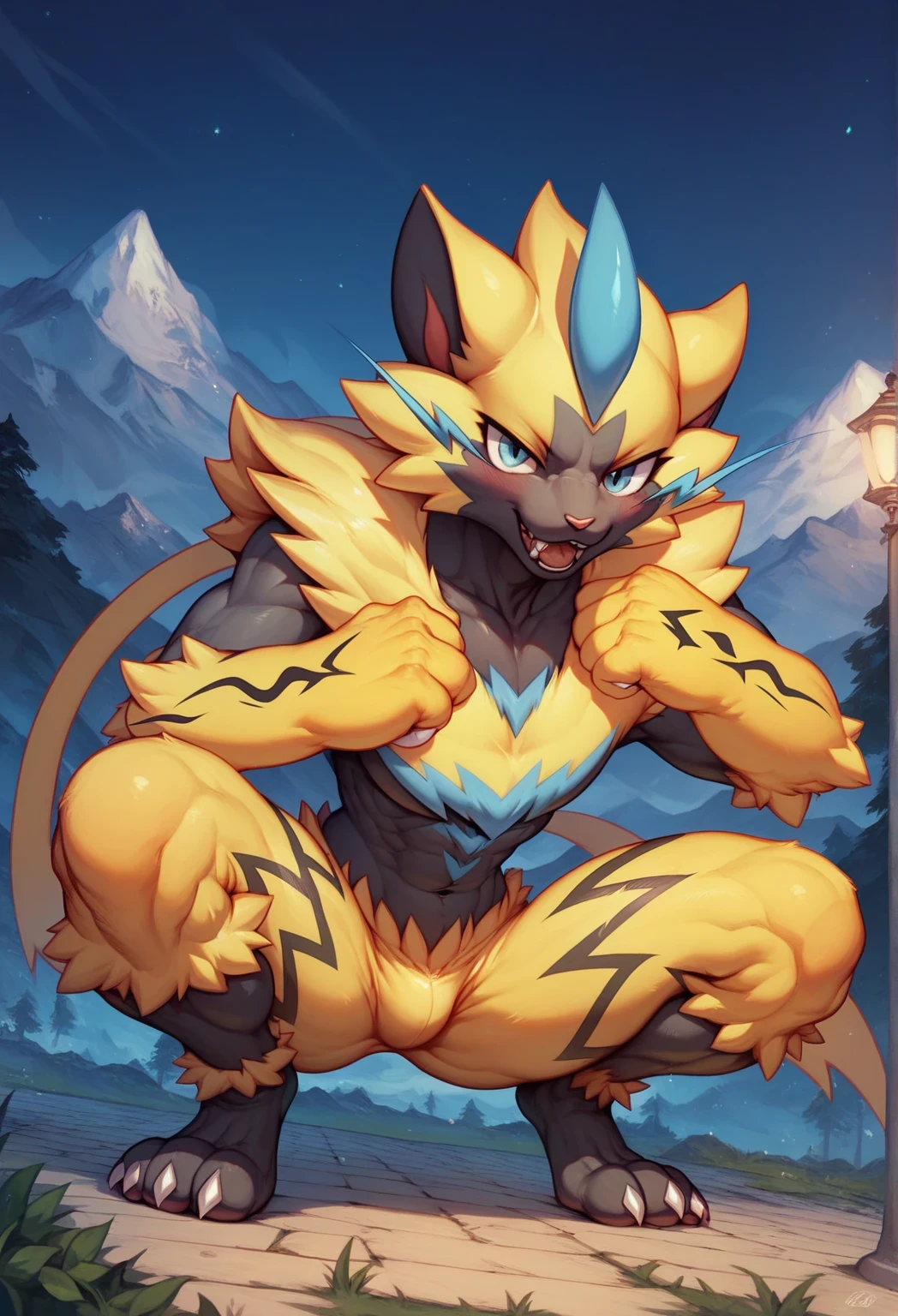 A detailed artwork portraying a furry, not safe for work, nude depiction of Zeraora from Pokémon. The medium for this artwork is a highly detailed digital illustration, showcasing the intricate fur and muscular physique of the character. The image quality should be (best quality, 4k, 8k, highres, masterpiece:1.2), ensuring every element is depicted with ultra-detailed precision. The art style should lean towards a realistic, photorealistic:1.37 approach, capturing the essence of Zeraora's design with studio-like lighting. The overall color palette should be vibrant and vivid, enhancing the visual impact of the image. The scene should be bathed in warm, golden hues to create a sense of warmth and allure.