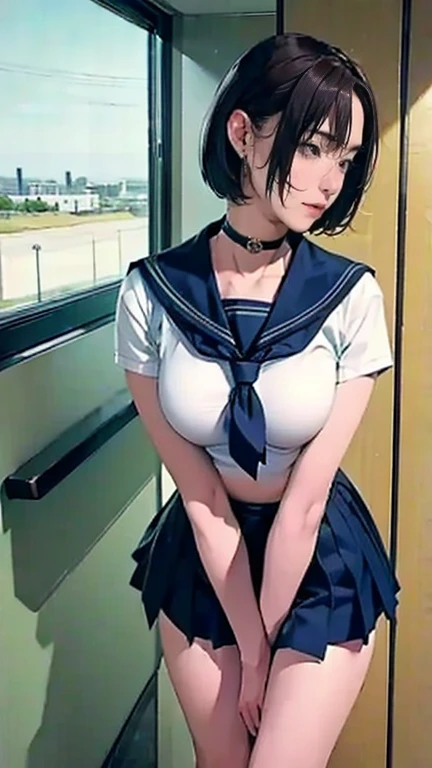 1girl in, Solo, Laura S. Alceid (long dark blue hair, Ponytail and side van, small tit), (Inspired by the trail of cold steel) ,(Accurate Hand Modeling,)In a school dress showing off her panties, In military schools, embarrassed