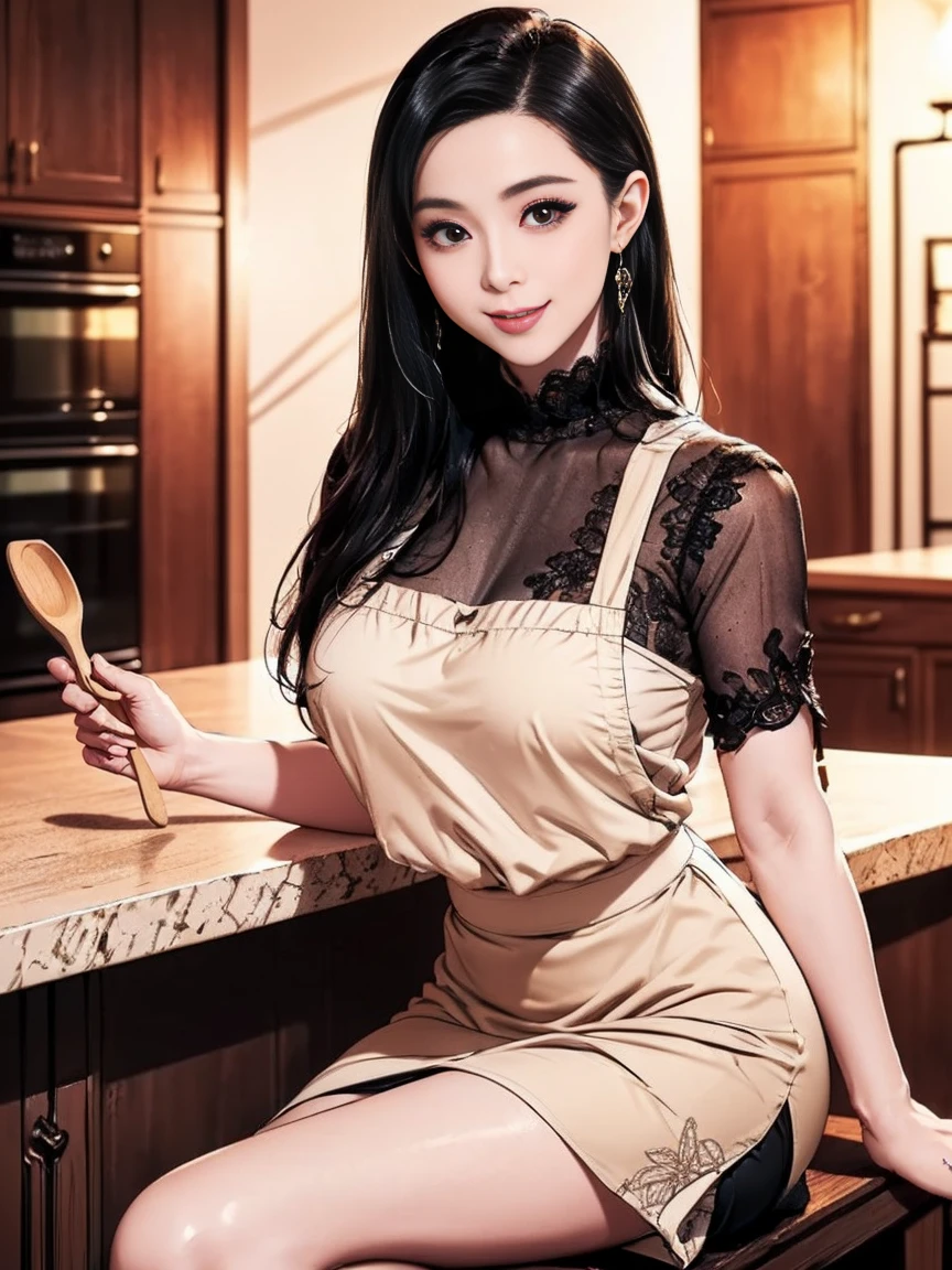 skirt, plaid, plaid skirt, sitting, indoor (masterpiece, highest quality) (surreal), (illustration), (high resolution), (8K), (very detailed), (best illustration), (beautiful detailed eyes), (best quality), (super detailed), (masterpiece), (wallpaper), (detailed face), solo, (dynamic pose), one girl, white wavy hair in the kitchen, korean, Iris colored eyes, small moles under the eyes, ((apron)),, long legs, tightening abs, (camel toe), (black stockings), (no panties), (no bra)