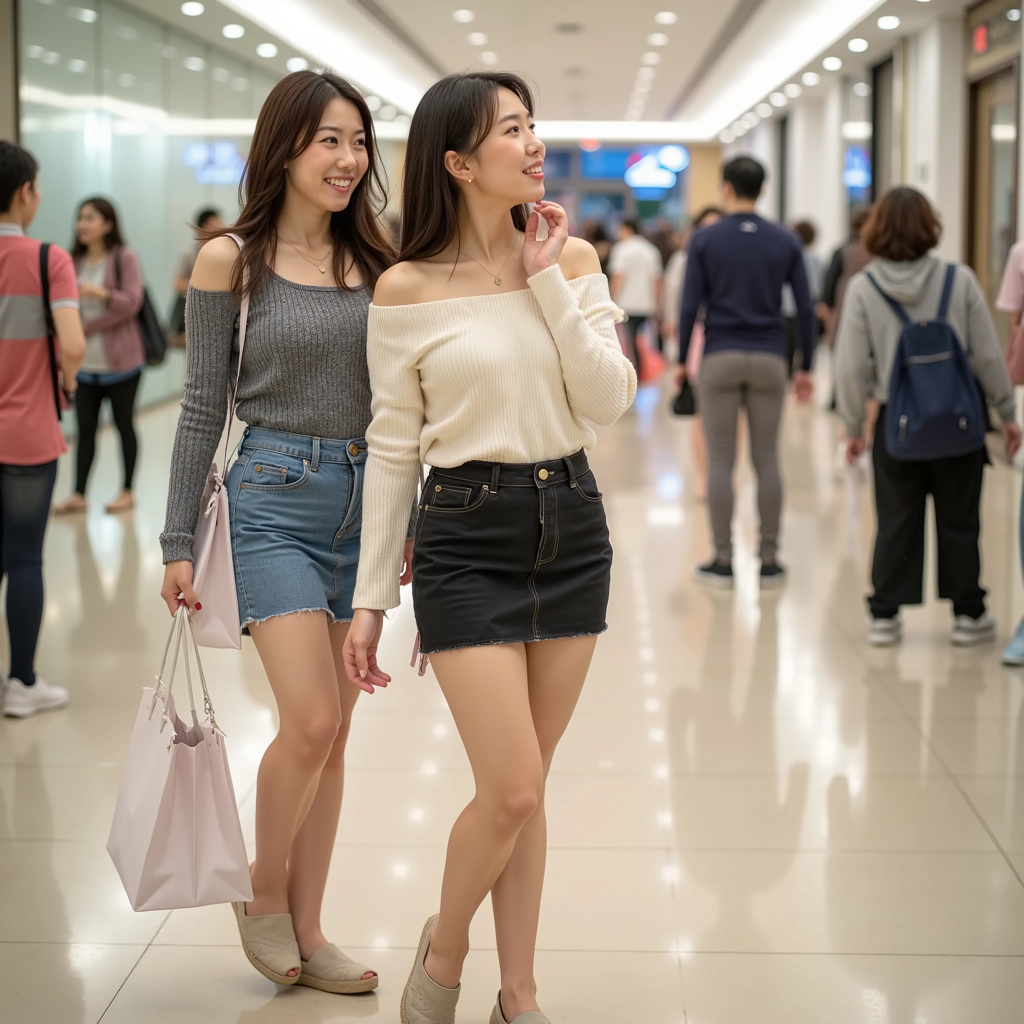 『 the face and hairstyle have a different vibe 2 Japanese woman:1.9』『 real 写真:1.3』 best quality :1.2、((Big Breasts))、 teeth clenching、(( young woman))、(( red cheeks ))((笑顔で teeth clenching:1.3))、(((Hips are anatomically accurate 、 perfect anatomy、 Hips are anatomically correct fingers )))、 real 、 best quality 、 super high definition、 RAW photos 、( curvy body )、 Japanese woman、 Sexy Women、 2 off-shoulder shirts in different colors、 denim miniskirt 、 espadrilles 、 have fun at shopping malls
