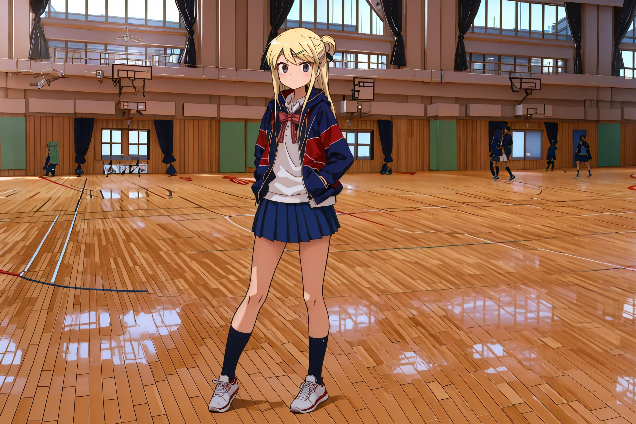 I'm visiting physical education classes alone at the gymnasium due to poor health、KUJO KAREN UNION JACK JACKET, STRIPED BOW, WHITE SHIRT, LONG SLEEVES, PLEATED SKIRT, BLUE SKIRT, KNEEHIGHS, SNEAKERS