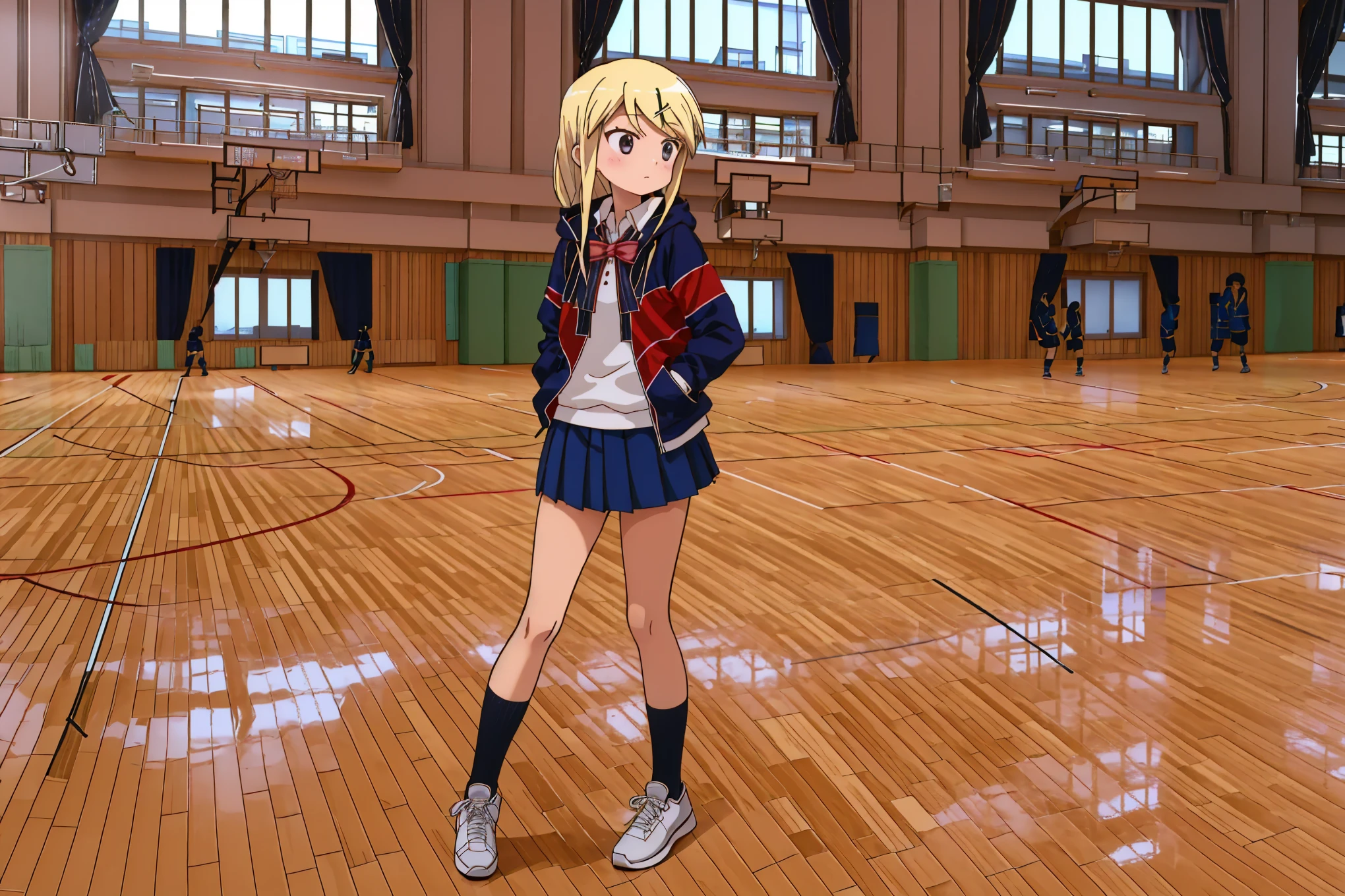 I'm visiting physical education classes alone at the gymnasium due to poor health、KUJO KAREN UNION JACK JACKET, STRIPED BOW, WHITE SHIRT, LONG SLEEVES, PLEATED SKIRT, BLUE SKIRT, KNEEHIGHS, SNEAKERS