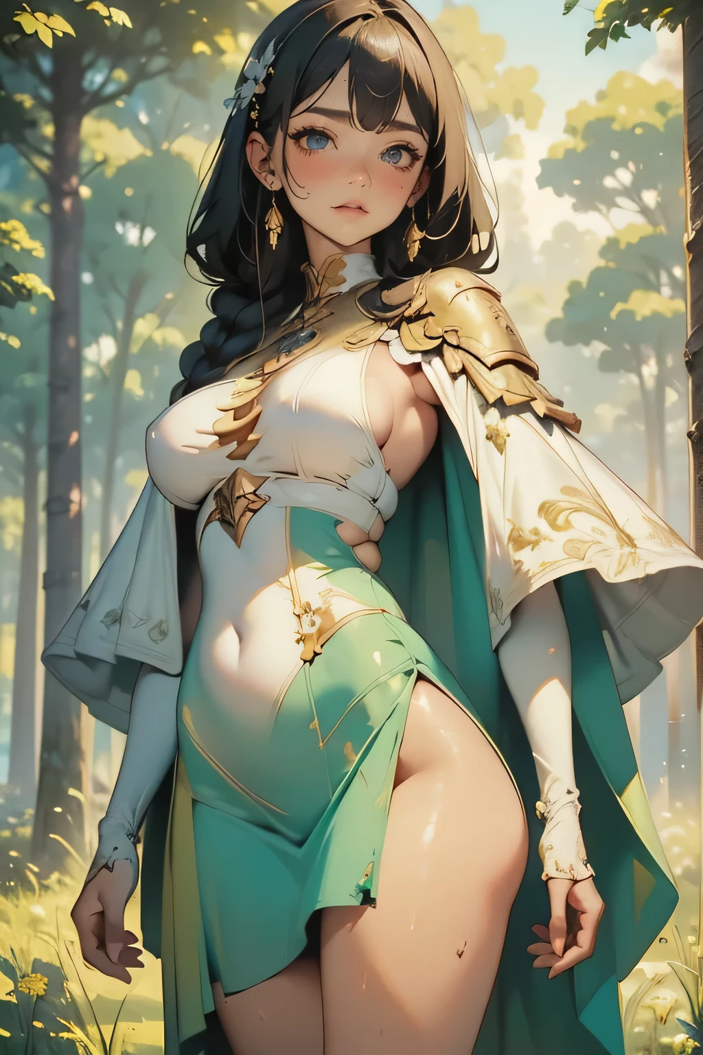fantasy, 1forest_elemental_girl, (dark_skin)0.9, (using_leaves_clothes, green_leaves_covered_breasts, leaves_covered_pussy)+++,(gigantic_heavy_tits:1.1), walking, (smile, sleepy)+, medium_hair, navel,(plump:0.9), oil, (winding_vine_around_torso)++, forest_background, leaves_headgear, green_leaves_cape, spread_arms, large_staff, leaves_thighhighs, big_ass,