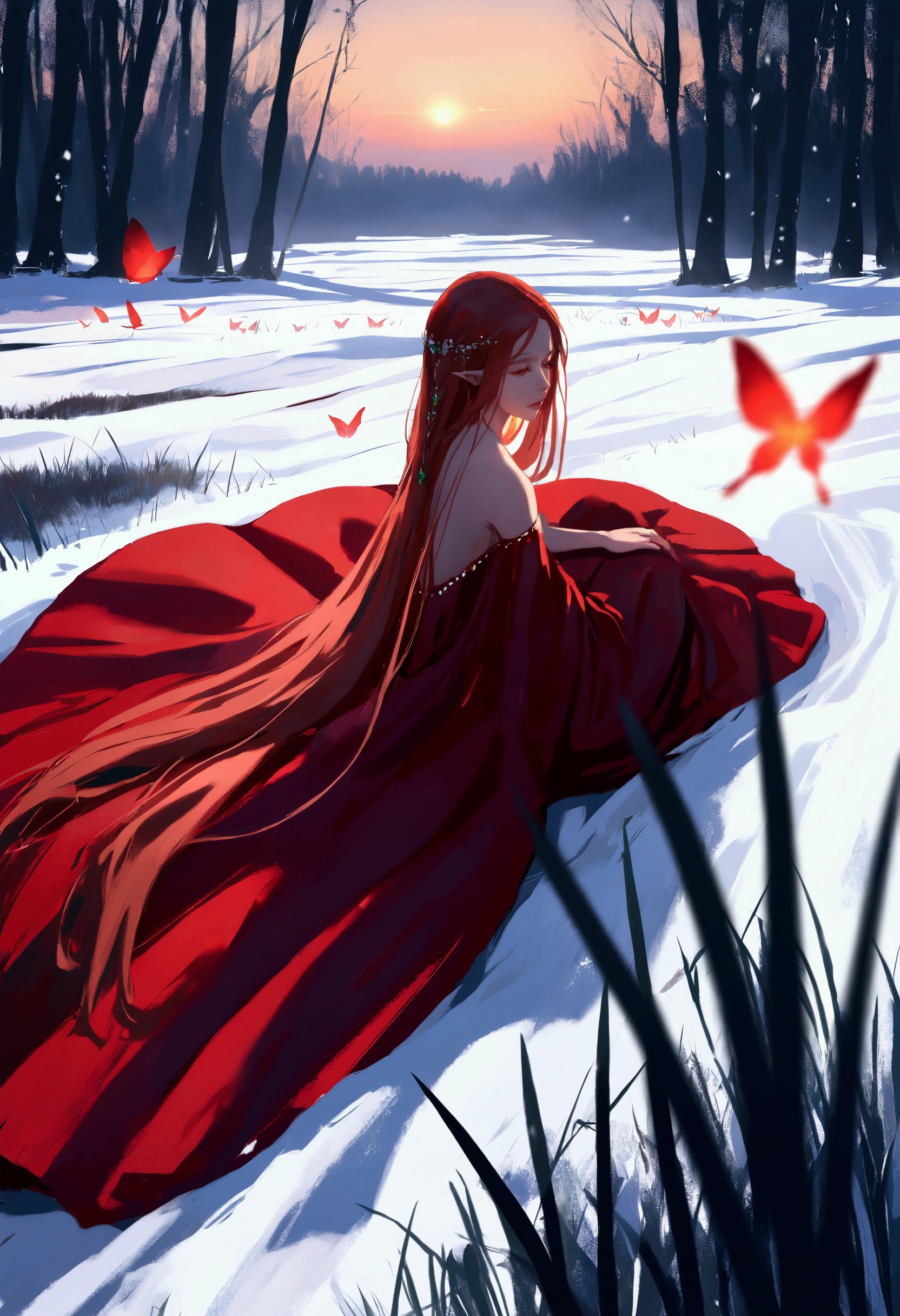 A movie poster featuring a woman with long hair like shadows, reddish brown in color. She is lying in a meadow in the snow, wearing a light green, voluminous dress. In the background you can see the sunset, and long willows made of crystals in a wintry meadow and bright red butterflies flying everywhere. The woman's hair is very long and wavy, her face is serene and innocent, giving her an elven appearance