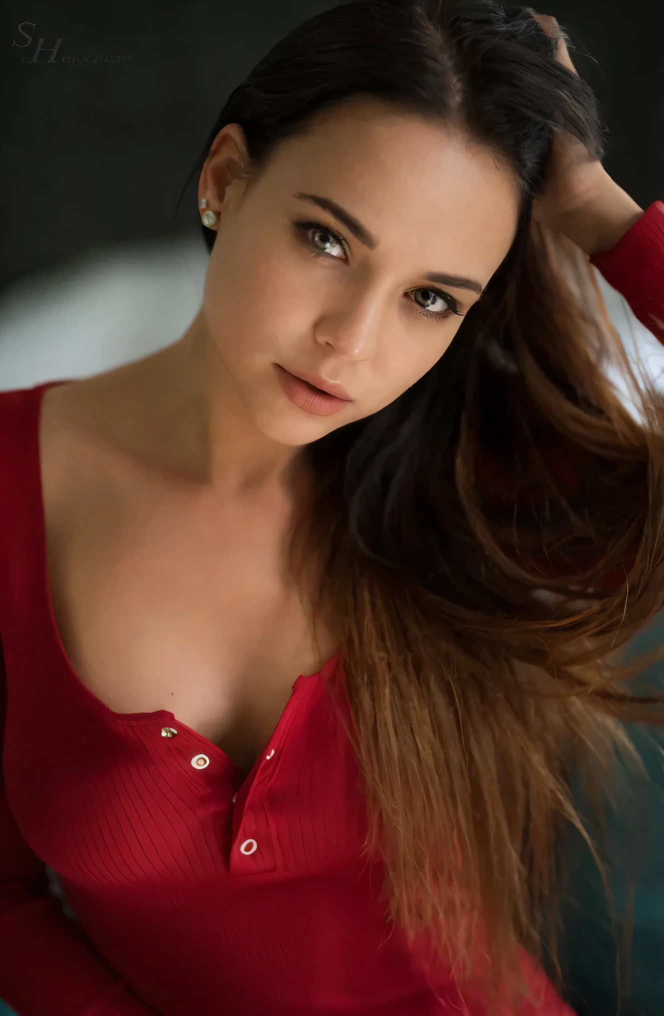 A woman in a red top and jeans posing for a photo, half pink, portrait half pink, violet myers, portrait of half pink, sensuous look, clear portrait of half pink, sensuous :8, sensuous girl, Attractive and beautiful, Beautiful woman, 18 years old, wearing red blouse, red hot, gorgeous lady, neckleace, RIDE GOOD, stunning woman