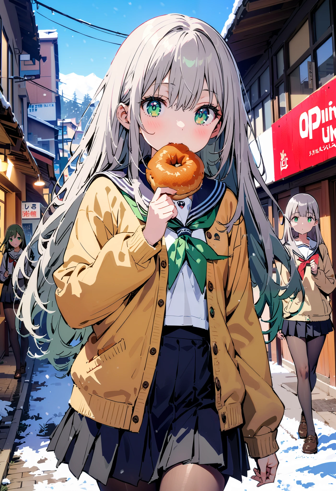 Prohibited bibliography,  green eyes,( green eyes:1.5),  Silver Hair,  long hair, ( flat chest:1.2),White muffler,Sailor suit,Yellow cardigan , black mini pleated skirt ,black rib tights ,   gray pantyhose , Brown loafers,snow,evening, grabbing a meat bun with one hand and eating,eating Meat bun, walking behind,whole bodyがイラストに入るように,                                                                               break looking at viewer,whole body,
break outdoors,Around town,
break (masterpiece:1.2), best quality  , kampala,unity 8k wallpaper,(shape:0.8),(  fine, beautiful eyes  :1.6),It's a person ,whole body写真,CG Details , (perfect hand, complete anatomy),