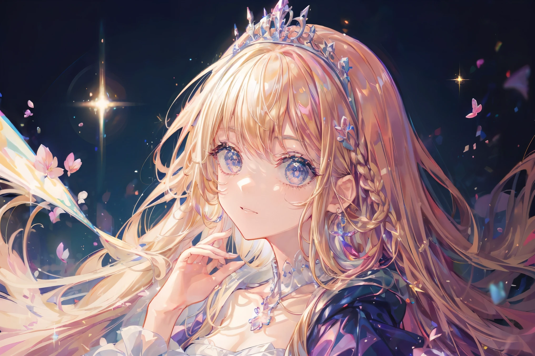 (((highest quality, 8k, masterpiece: 1.3)), ((highest quality)), ((masterpiece)), (detailed), Perfect Face, sexy, Princess, fantasy heroine, tiara, scepter, blonde hair, gradient hair, Hair with a gradation from gold to pink, sparkle, reflection light, Surrounded by colorful flowers