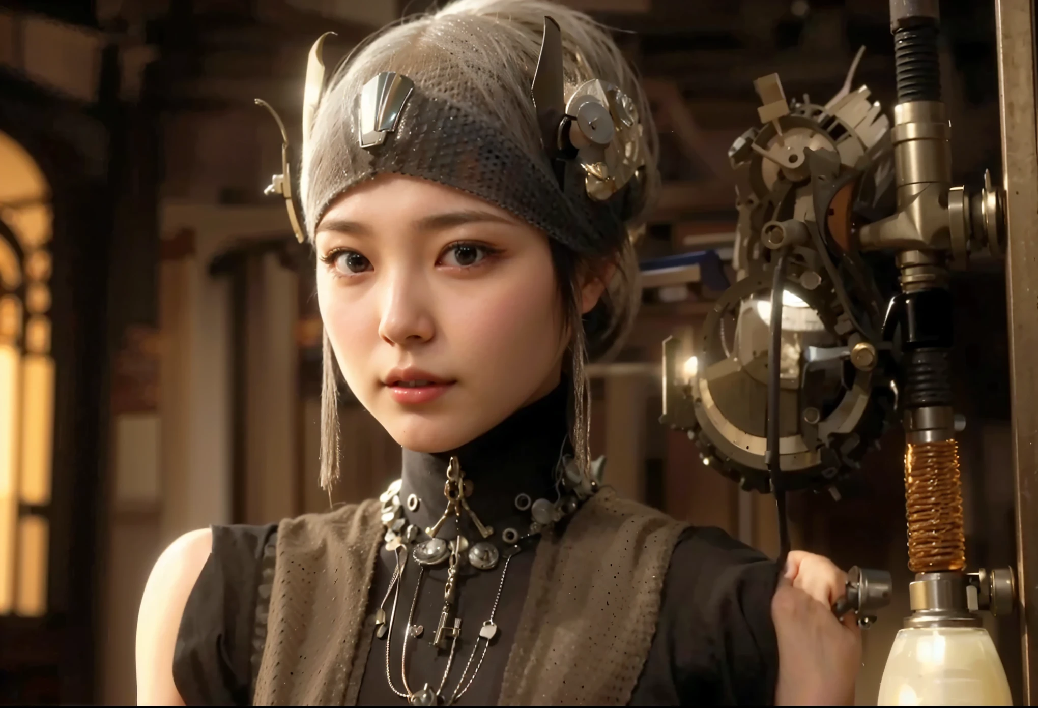 (Completely live action:1.37), (Amazingly realistic textures:1.37), (masterpiece, best quality:1.2), (8k uhd, 16k, 32k, ultra high res), amazingly realistic skin, amazingly realistic photo, superrealism, (photorealistic:1.37), (RAW photo), ultimately realistic, (ultimately realistic all details), (ultimately realistic all textures), super realistic lighting, super realistic shadow, (japanese girl:1.5), (realistic idol face), smiling, happy, super realistic face, ultimately realistic skin, ultimately realistic eyes, (mascara:1.35)ultimately realistic background, ultimately realistic detail up, (kkw-ph1:1.25), (GotouMaki:1.25), (Canon EOS R6, 85mm, 1/200s, f/5.6, ISO 1600), (tattoo), (mechanical armor:1.37), (blue eyes:1.2), (silver hair:1.3),