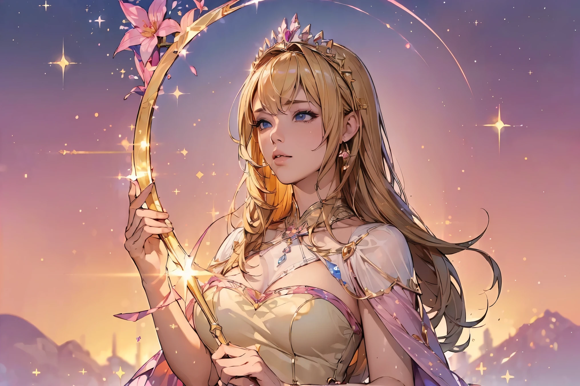 (((highest quality, 8k, masterpiece: 1.3)), ((highest quality)), ((masterpiece)), (detailed), Perfect Face, sexy, Princess, fantasy heroine, tiara, scepter, blonde hair, gradient hair, Hair with a gradation from gold to pink, sparkle, reflection light, Surrounded by colorful flowers