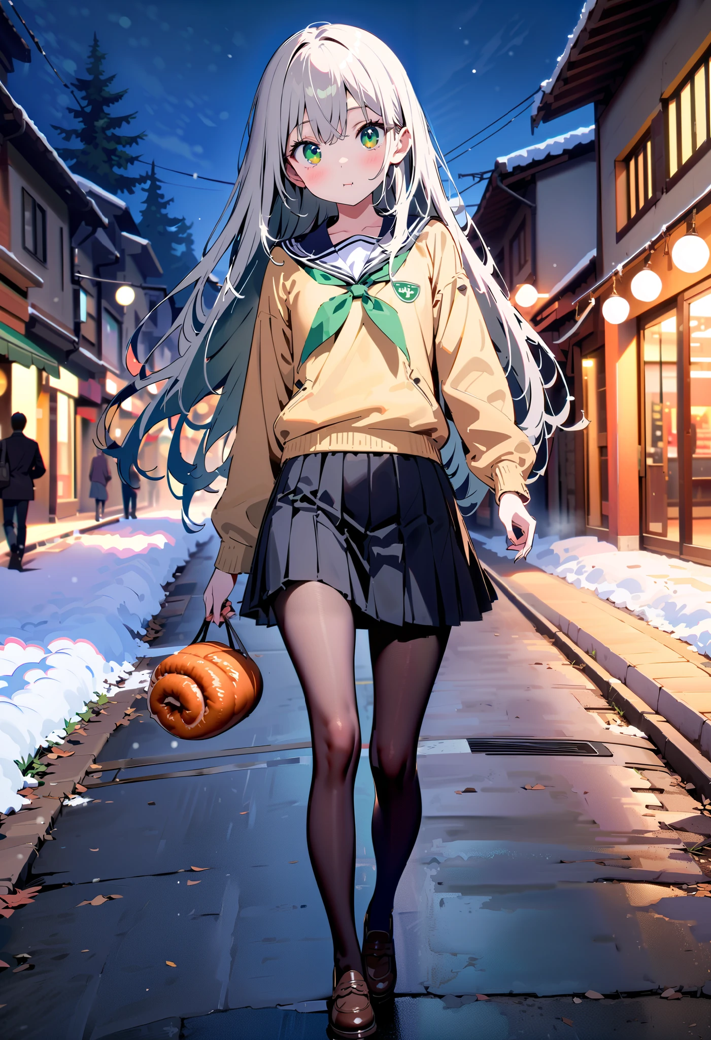 Prohibited bibliography, green eyes,( green eyes:1.5), Silver Hair, long hair, ( flat chest:1.2),White muffler,Sailor suit,Yellow cardigan , black mini pleated skirt ,black rib tights , gray pantyhose , Brown loafers,snow,evening, grabbing a meat bun with one hand and eating,eating Meat bun, walking behind,whole bodyがイラストに入るように, break looking at viewer,whole body,
break outdoors,Around town,
break (masterpiece:1.2), best quality , kampala,unity 8k wallpaper,(shape:0.8),( fine, beautiful eyes :1.6),It's a person ,whole body写真,CG Details , (perfect hand, complete anatomy),