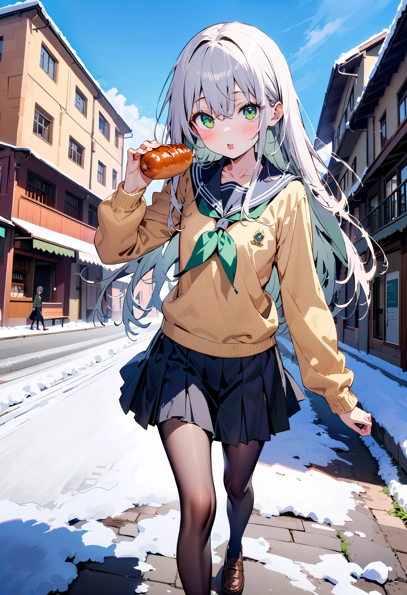Prohibited bibliography, green eyes,( green eyes:1.5), Silver Hair, long hair, ( flat chest:1.2),White muffler,Sailor suit,Yellow cardigan , black mini pleated skirt ,black rib tights , gray pantyhose , Brown loafers,snow,evening, grabbing a meat bun with one hand and eating,eating Meat bun, walking behind,whole bodyがイラストに入るように, break looking at viewer,whole body,
break outdoors,Around town,
break (masterpiece:1.2), best quality , kampala,unity 8k wallpaper,(shape:0.8),( fine, beautiful eyes :1.6),It's a person ,whole body写真,CG Details , (perfect hand, complete anatomy),
