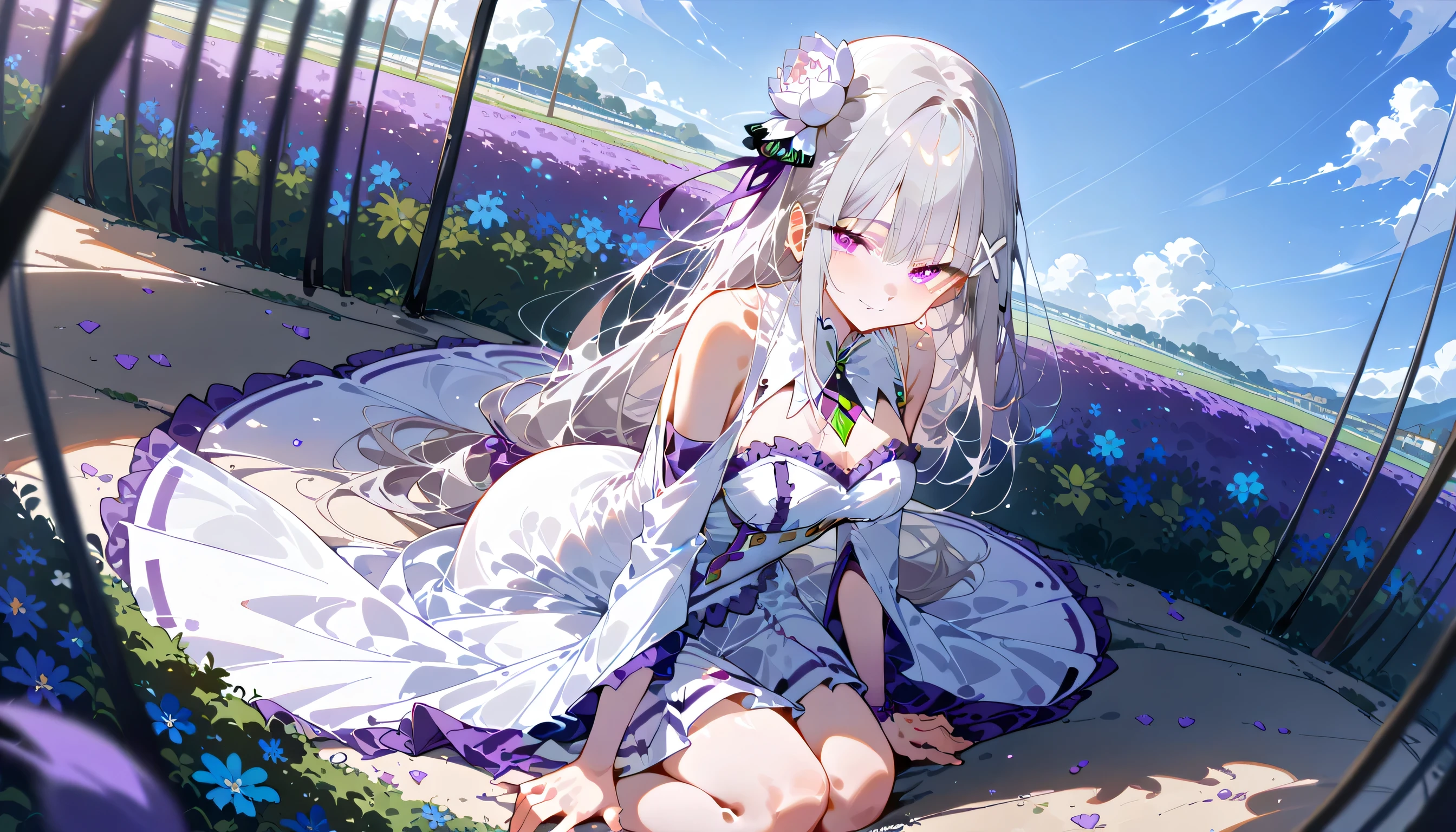 masterpiece), the best quality, amazing quality, very detailed, absurd, background 9, person 1,High angle, the newest and most perfect body, glowing skin, perfect eyes, detail 1 girl, 1 girl, solo, full body, a side view, sit down, the outside, The blue sky, flower garden, Butterfly, flower, daytime, petal, smile, viewer, emilia, long hair, grey hair, pointy eyes, hair ribbon, purple ribbon, x hair ornament, white dress, cleaveage, bare shoulders, white shoulders, white high heights, high boots, middle chest, looking at viewer, middle chest, looking at viewer, High angle