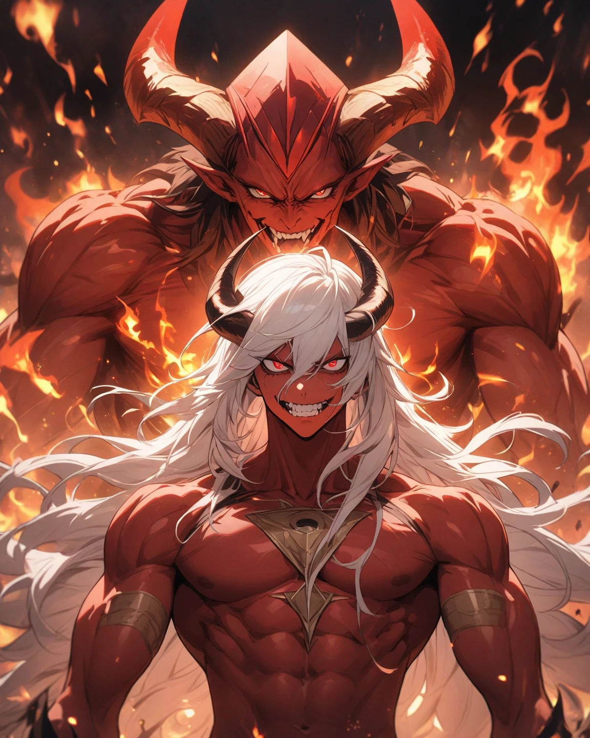 Male character, handsome, dark skin, black wings, wearing a red suit, long white hair, emerald green eyes, his appearance is that of a fire demon, his body is that of a fire demon with giant horns, an intimidating appearance, his appearance is identical to that of the fire demon Ifrit