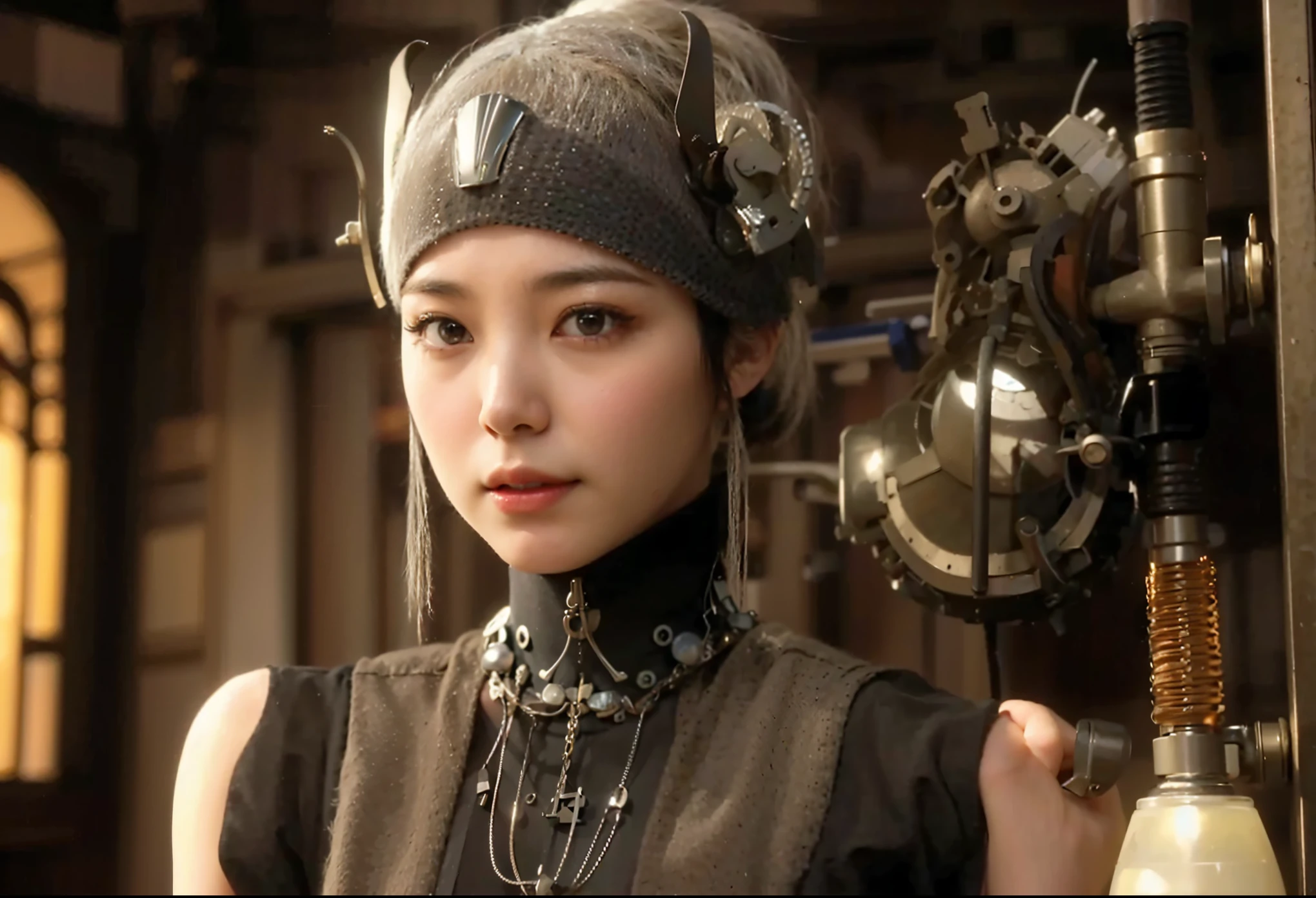 (Completely live action:1.37), (Amazingly realistic textures:1.37), (masterpiece, best quality:1.2), (8k uhd, 16k, 32k, ultra high res), amazingly realistic skin, amazingly realistic photo, superrealism, (photorealistic:1.37), (RAW photo), ultimately realistic, (ultimately realistic all details), (ultimately realistic all textures), super realistic lighting, super realistic shadow, (japanese girl:1.5), (realistic idol face), smiling, happy, super realistic face, ultimately realistic skin, ultimately realistic eyes, (mascara:1.35)ultimately realistic background, ultimately realistic detail up, (kkw-ph1:1.25), (GotouMaki:1.25), (Canon EOS R6, 85mm, 1/200s, f/5.6, ISO 1600), (tattoo), (mechanical armor:1.37), (blue eyes:1.2), (silver hair:1.3),
