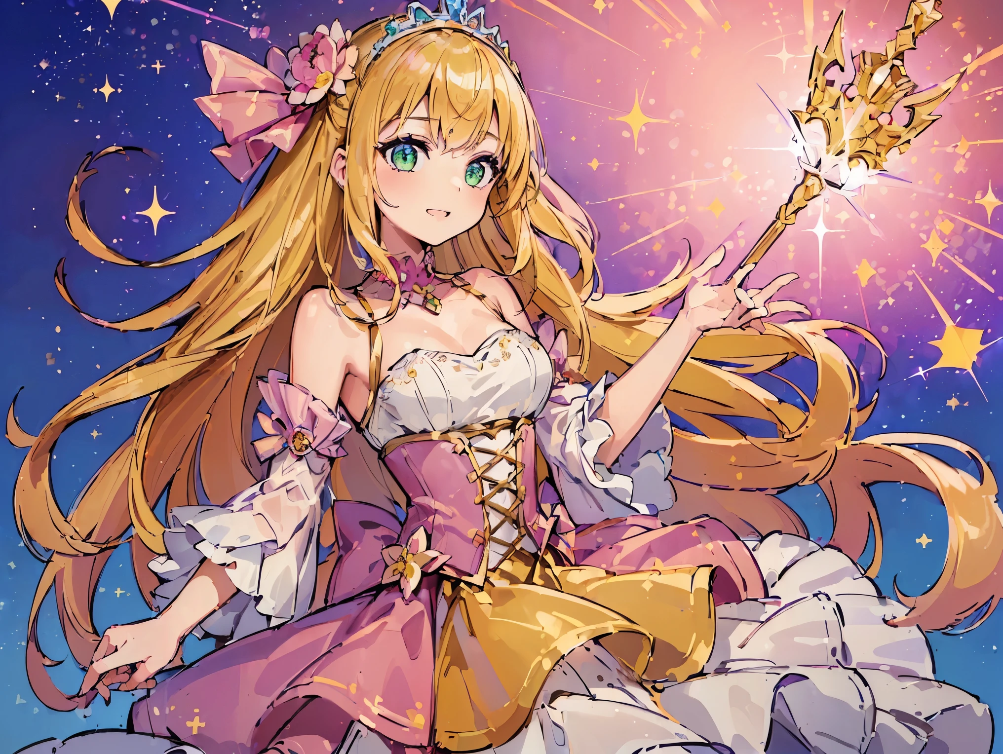 (((highest quality, 8k, masterpiece: 1.3)), ((highest quality)), ((masterpiece)), (detailed), Perfect Face, sexy, Princess, fantasy heroine, tiara, scepter, blonde hair, gradient hair, Hair with a gradation from gold to pink, sparkle, reflection light, Surrounded by colorful flowers