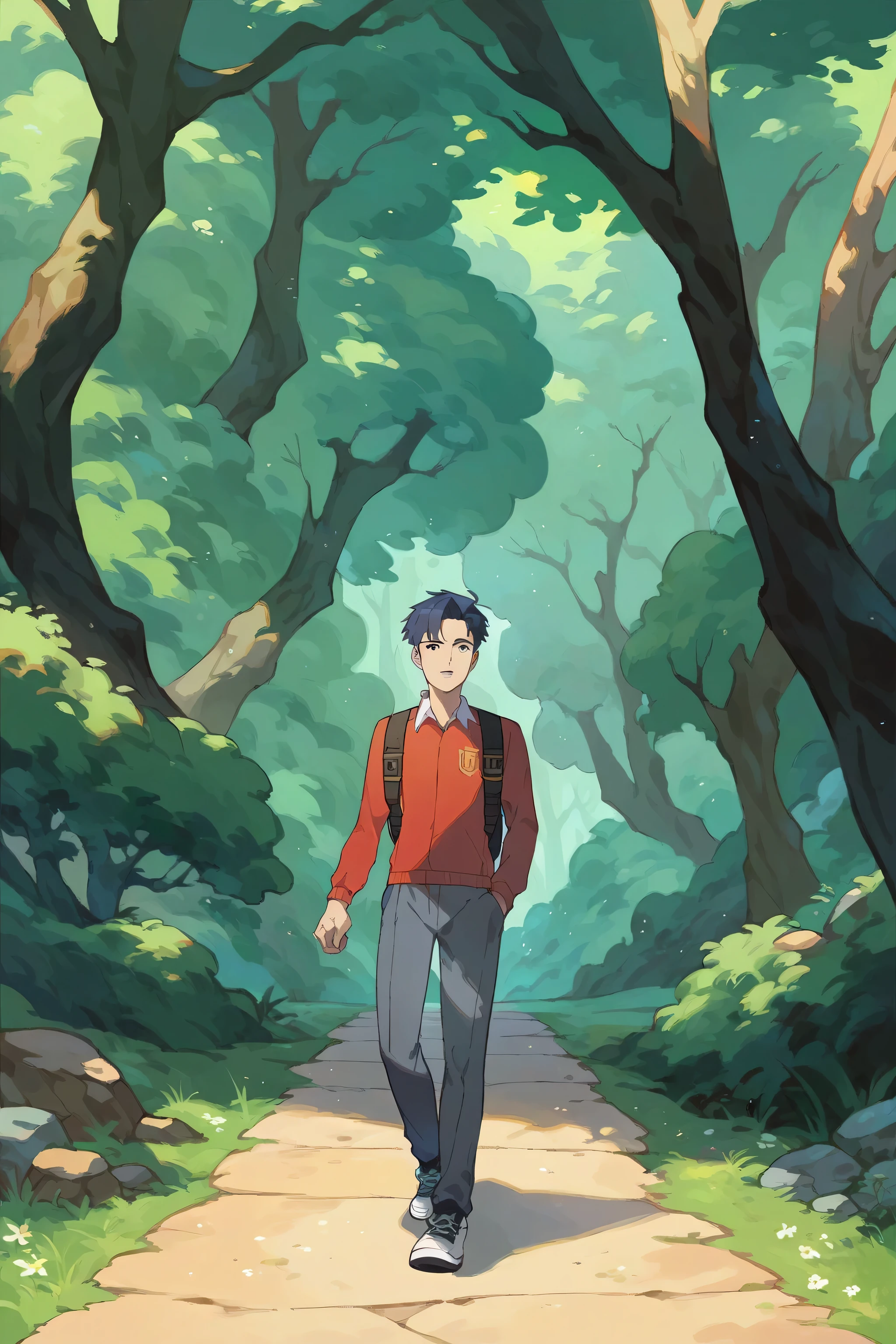 COACH gold(Ethan), walking through the forest câmera de lado