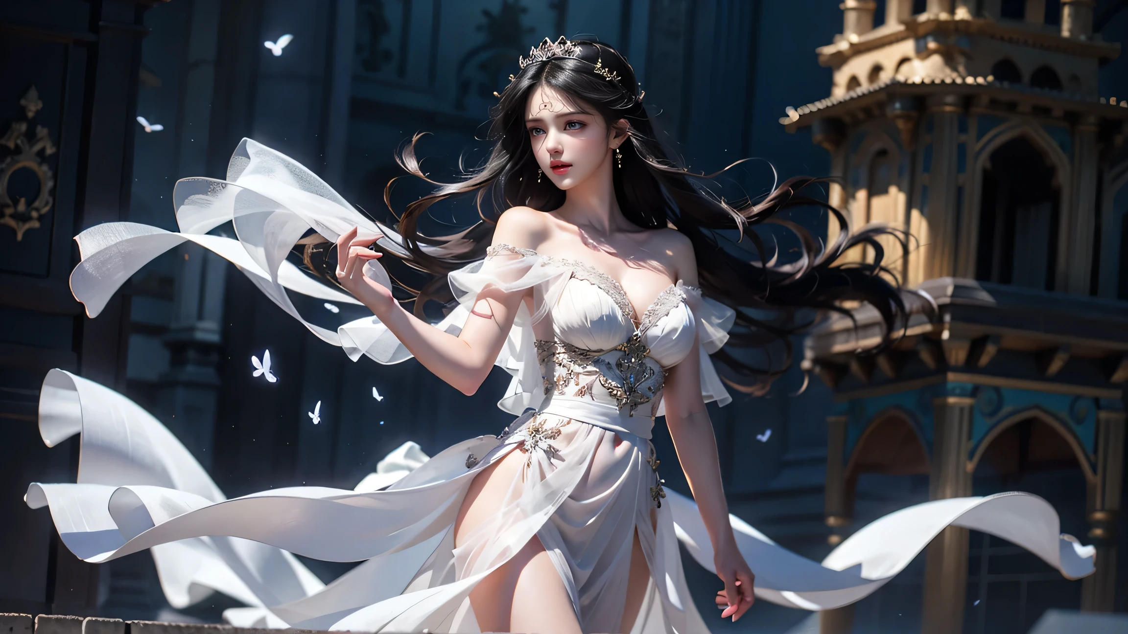 In the captivating image, a stunningly beautiful woman adorns a superbly designed dress code that transcends human limits. The breathtaking face, enhanced by a radiant smile, sets the tone for this extraordinary ensemble. Her legs, encased in pristine white material, convey elegance and grace.

The dress itself is a magnificent fusion of white and red hues, reminiscent of a dragon's scales. It magically drapes around her figure, evoking an ethereal dragonfly-like transformation. A mask, adorned with intricate red patterns, completes the dazzling disguise.

Admire the mesmerizing details of this masterpiece,