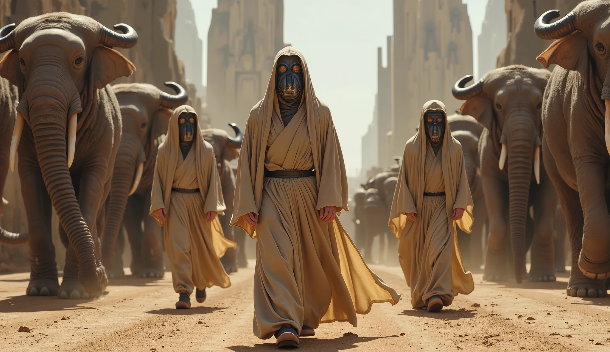 Real image of people wearing robes and masks with respirators, In the arenas of Star Wars , with their elephant-like animals with horns on their buffalo heads and big mouths, very long hair , with the hidden trunk