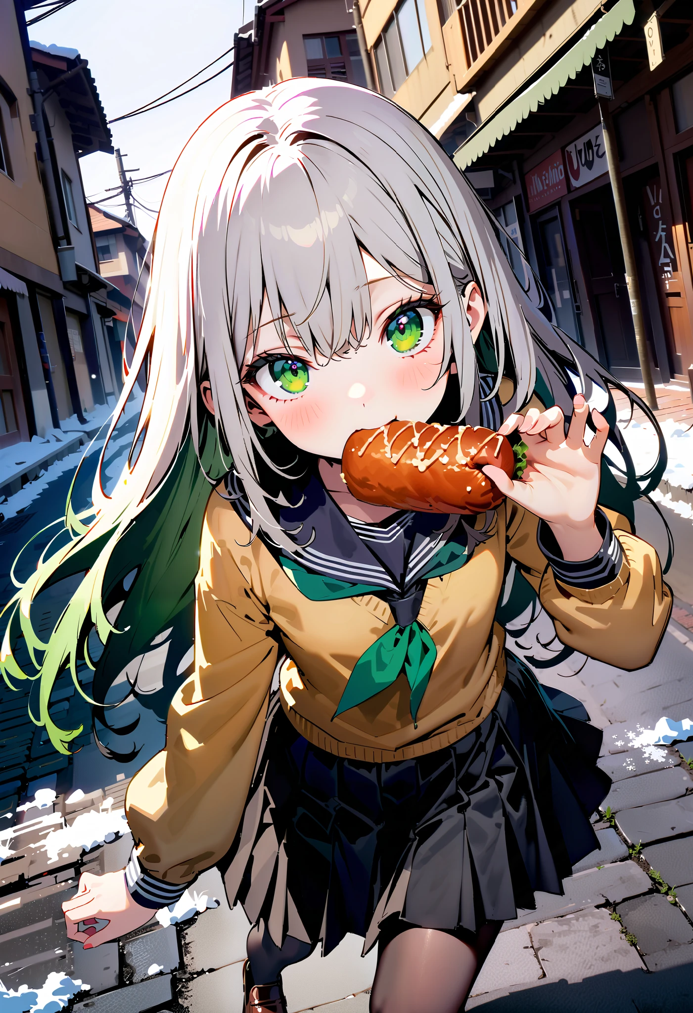 Prohibited bibliography,  green eyes,( green eyes:1.5),  Silver Hair,  long hair, ( flat chest:1.2),White muffler,Sailor suit,Yellow cardigan , black mini pleated skirt ,black rib tights ,   gray pantyhose , Brown loafers,snow,evening, grabbing a meat bun with one hand and eating,eating Meat bun, walking behind,whole bodyがイラストに入るように,                                                                               break looking at viewer,whole body,
break outdoors,Around town,
break (masterpiece:1.2), best quality  , kampala,unity 8k wallpaper,(shape:0.8),(  fine, beautiful eyes  :1.6),It's a person ,whole body写真,CG Details , (perfect hand, complete anatomy),