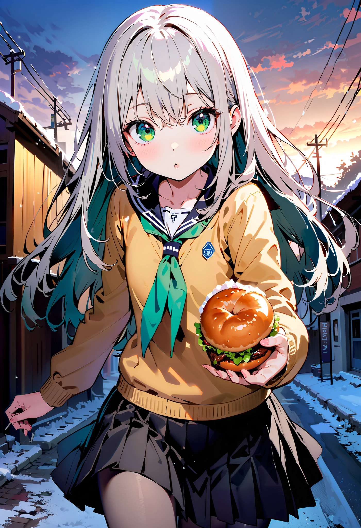 Prohibited bibliography, green eyes,( green eyes:1.5), Silver Hair, long hair, ( flat chest:1.2),White muffler,Sailor suit,Yellow cardigan , black mini pleated skirt ,black rib tights , gray pantyhose , Brown loafers,snow,evening, grabbing a meat bun with one hand and eating,eating Meat bun, walking behind,whole bodyがイラストに入るように, break looking at viewer,whole body,
break outdoors,Around town,
break (masterpiece:1.2), best quality , kampala,unity 8k wallpaper,(shape:0.8),( fine, beautiful eyes :1.6),It's a person ,whole body写真,CG Details , (perfect hand, complete anatomy),
