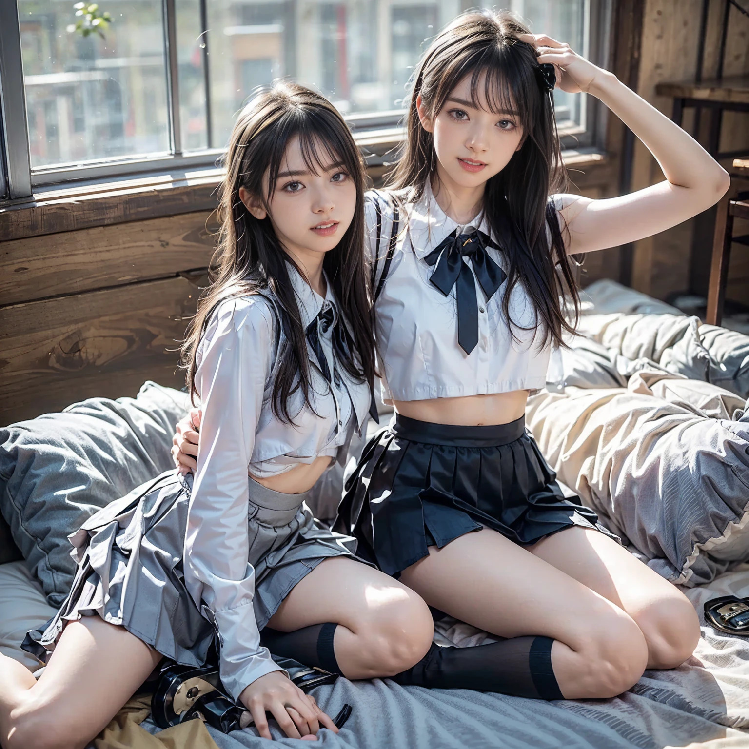 (Best Quality, Masterpiece), (Raw Photo: 1.2), (Photorealistic: 1.4), Best Quality, Master, Very Beautiful, Highly Detailed CG, 8k Wallpaper, Amazing Fine Details, Master Masterpiece, Official Art, Huge File Size, High Resolution, (((Two Girls Kiss)), (Two Lie on a Cloth Laid on the Ground),( snugly next to each other without separation between characters), (there is no break in one piece), Japan under 18, Nogizaka girl, (representation of the human body based on precise anatomy), Japan schoolgirl uniform, (neat white plain blouse of smooth sheer fabric with ribbon tie), (ultra mini navy blue tartan check pleated skirt), ( Everyone is wearing the same clothes), (tightly dressed), (less revealing upper body), (white panties), (fastening all buttons of the blouse)), bare feet, blonde, (((very surprising big breasts)), ((cramped clothes)), (no bra), (only the part shows through the skin tone)), (black areolas), (small prickles), (thin waist), (big buttocks) , (thin thighs), (large eyes), very beautiful eyes, bright ultramarine eyes, (detailed pupils reflecting light), (the iris of the eye is painted with details of a fine radial pattern), (the expression of the whites of the eyes is slightly dark), (the upper 30% of the eyes are shadowed), double eye lids, (eyes and mouth half-open and sleepy expression), no makeup, (nose very low and wide), natural eyebrows, Realistic shading assuming light source, cute girl and beauty, (whitening skin), baby face, smile, long hair in half, cheeks sticking together, arms crossed like lovers, arms around neck, showing off ass, frame-in from thighs up, beautiful garden with flowers, dark cloudy sky,