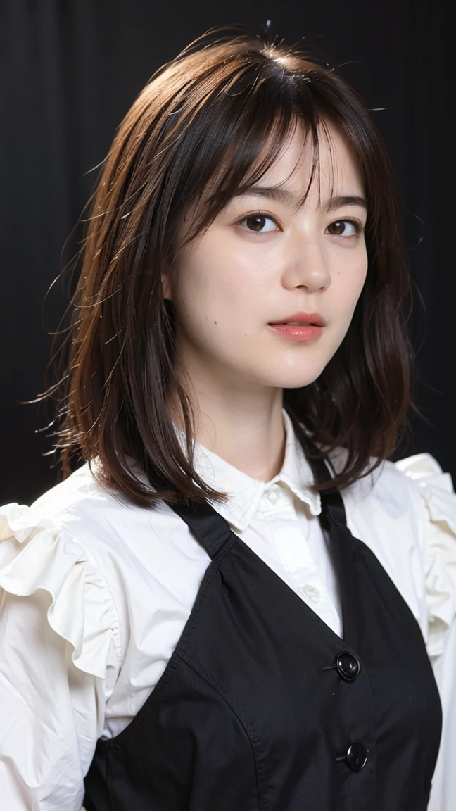 Gray background、pubic hair、Large Breasts、Thighs、Red lipstick、(((Glaring)))、Curly Hair、Disheveled Hair、Cute woman、high school girl、White shirt、Navy frill mile、Open chest shirt