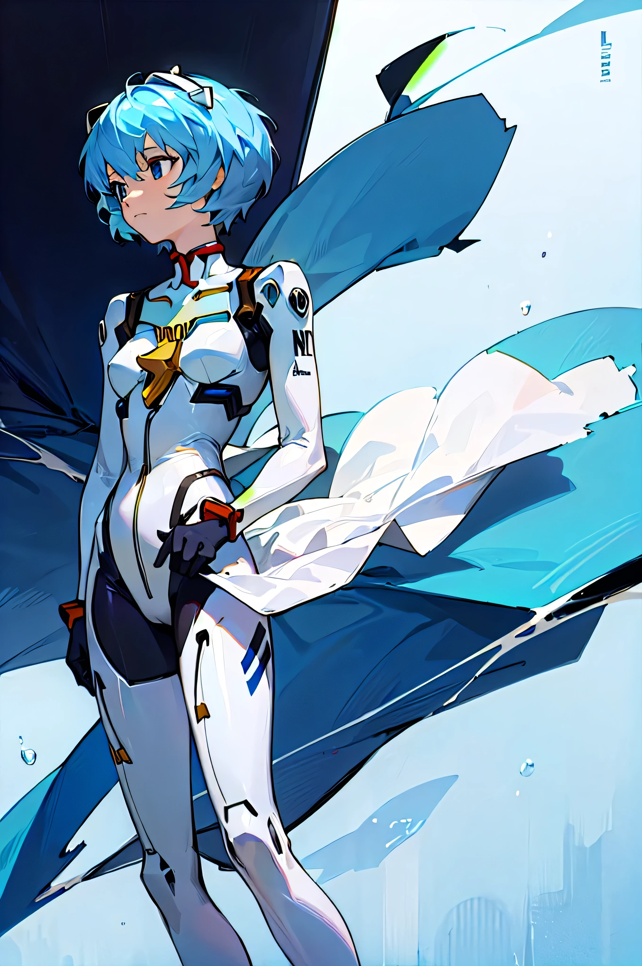 jenny wakeman, boots, white skin, small breasts, skinny legs, smiling, looking at viewer, one arm waving and one arm behind back, futuristic city, cel shading, anime, 1girl, miniskirt, tank top